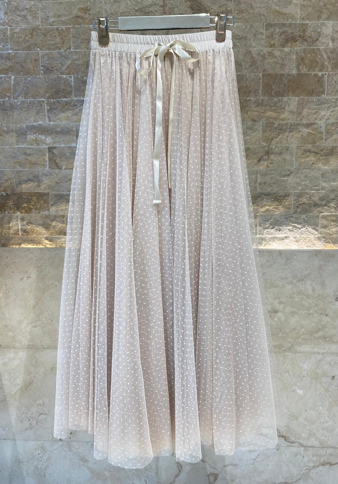 08077-3 Polka Dot Long Tulle Skirt تنورة طويلة من التول بنقاط البولكا - Brown Loft