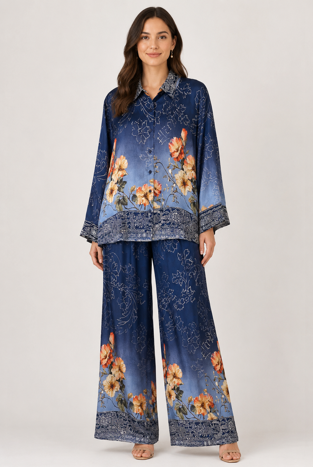 Floral Print Satin Shirt and Pants Sets KD8658/7789VS