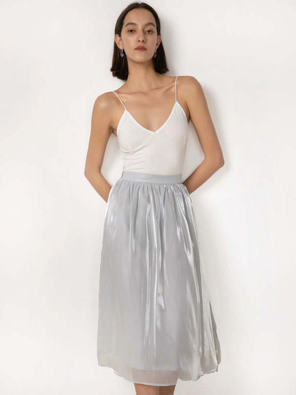 High Waisted A Line Pleated Sheer Midi Skirt - COBBS5007