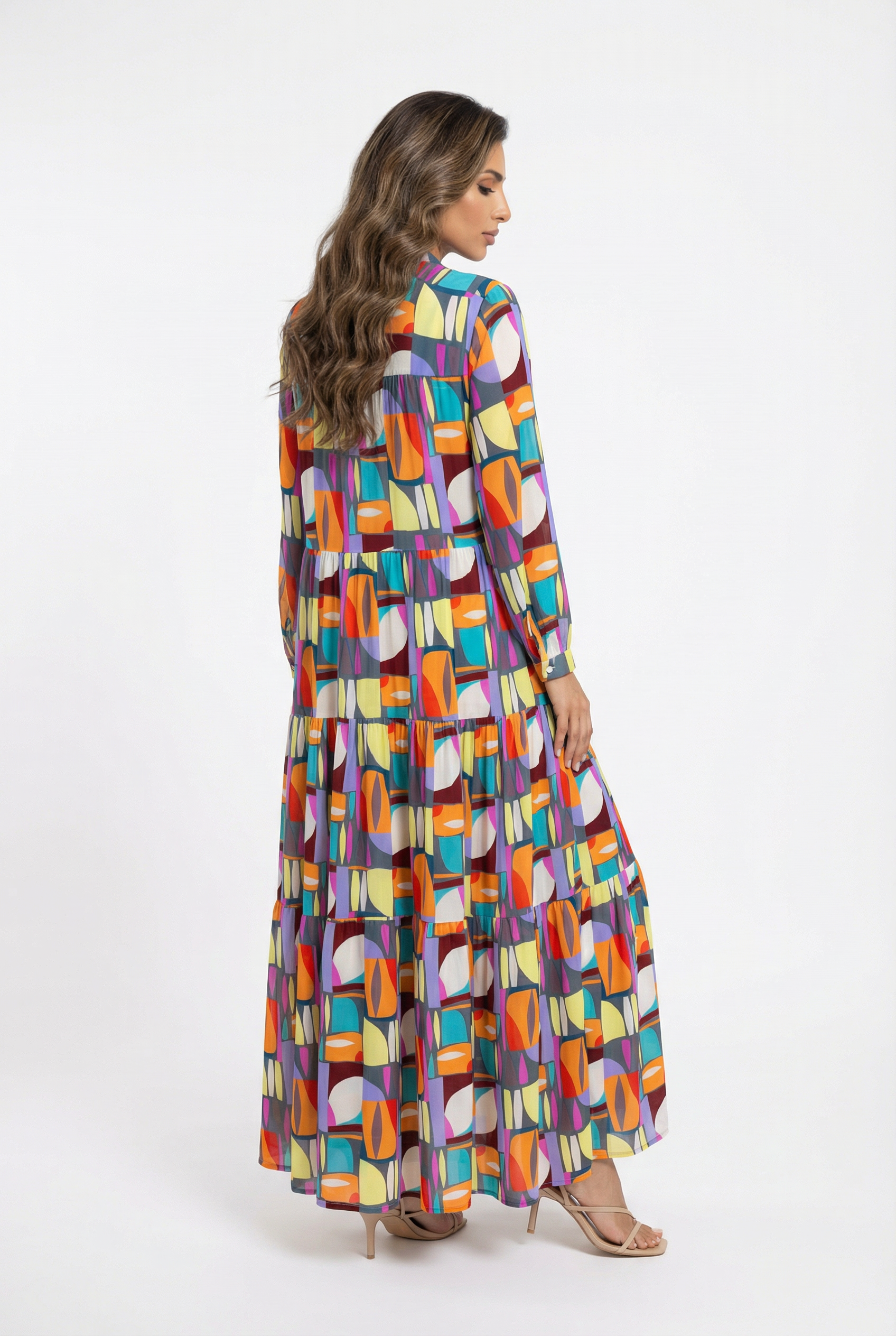 64492 Geometric Multicolor V-Neck Long Tiered Dress - Brown Loft