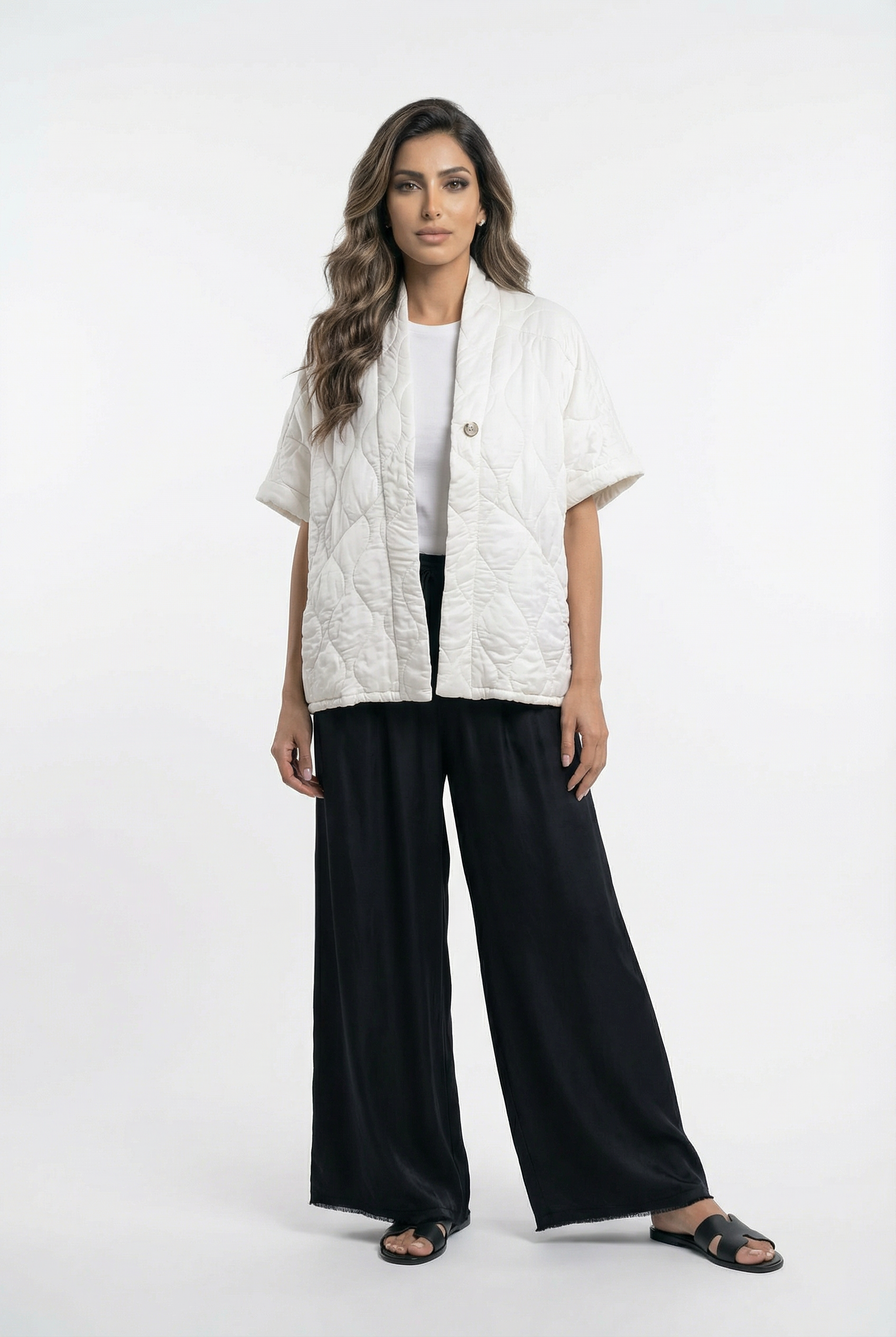 KD8018VS-4 Single Buttoned Quilted Matelasse Satin Cardigan - Brown Loft