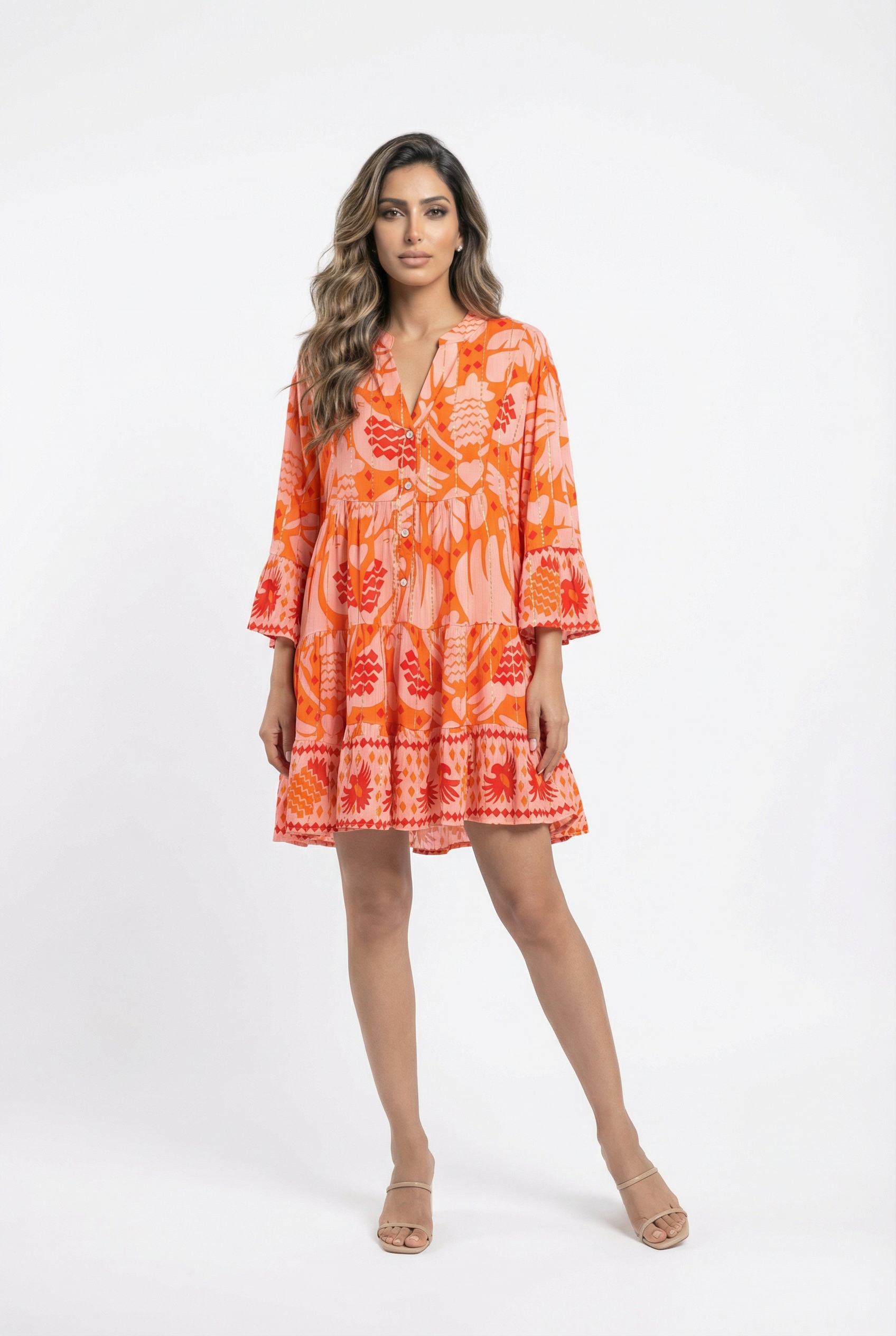 I112 V Round Neck Half Buttoned Printed Flowy Tiered Short Dress - Brown Loft