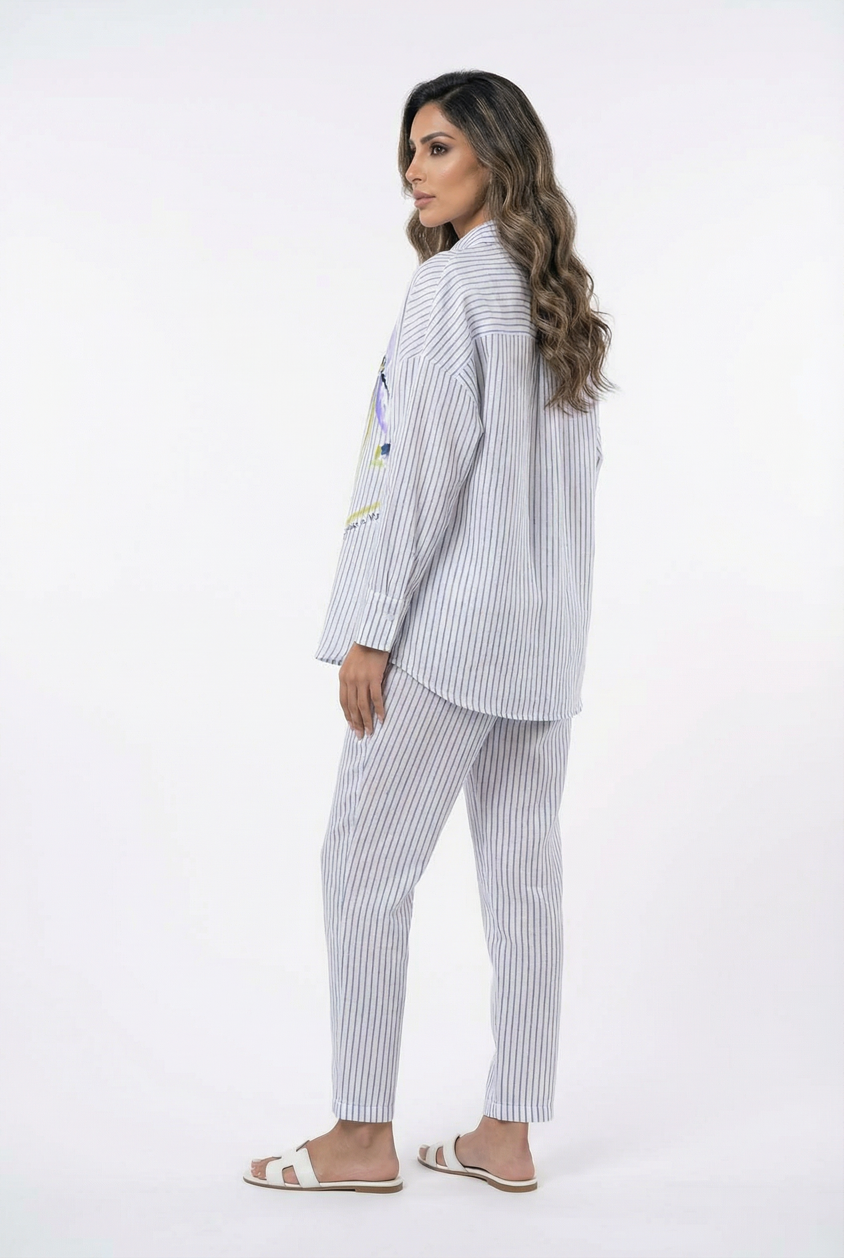 D157/F603 Floral Striped Linen Shirt and Pants قميص وبنطال من الكتان المخطط بالزهور - Brown Loft
