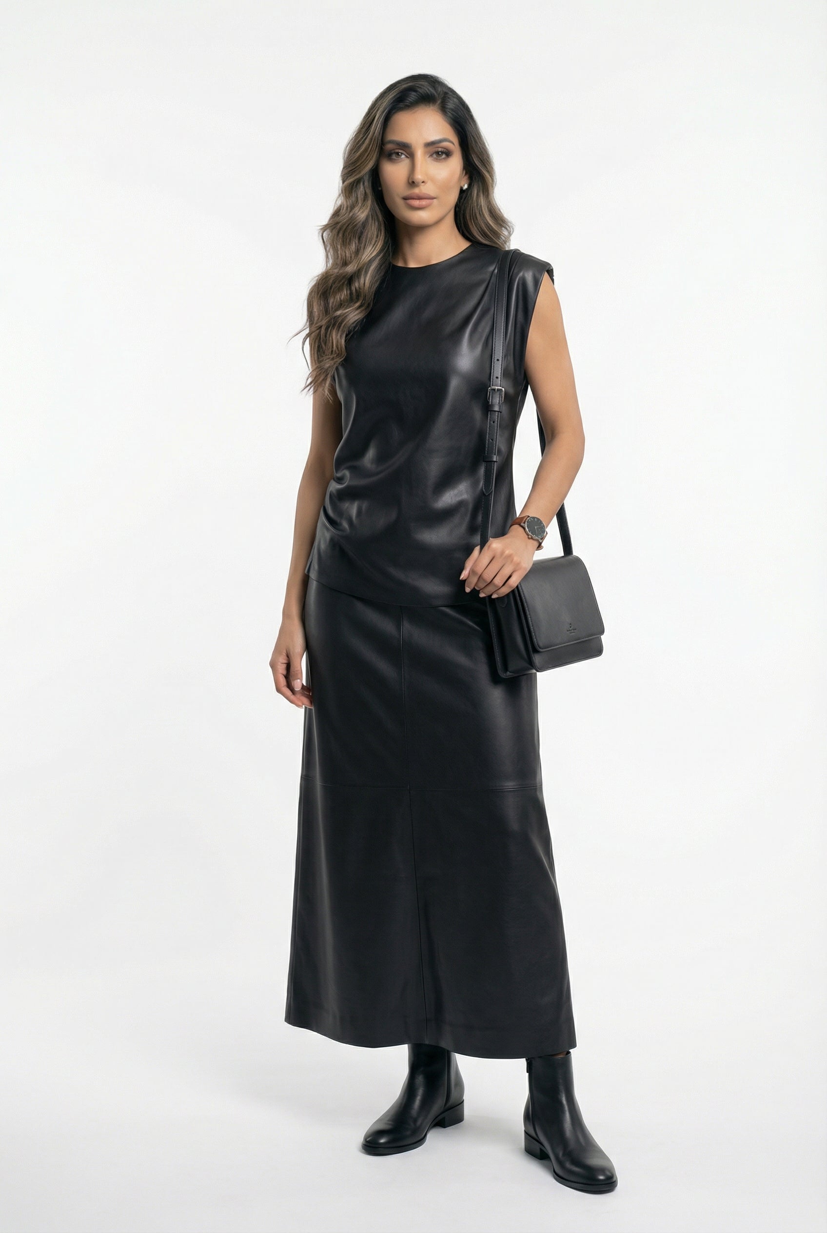 54-2036/6017 Faux Leather Top with Long Skirt - Brown Loft