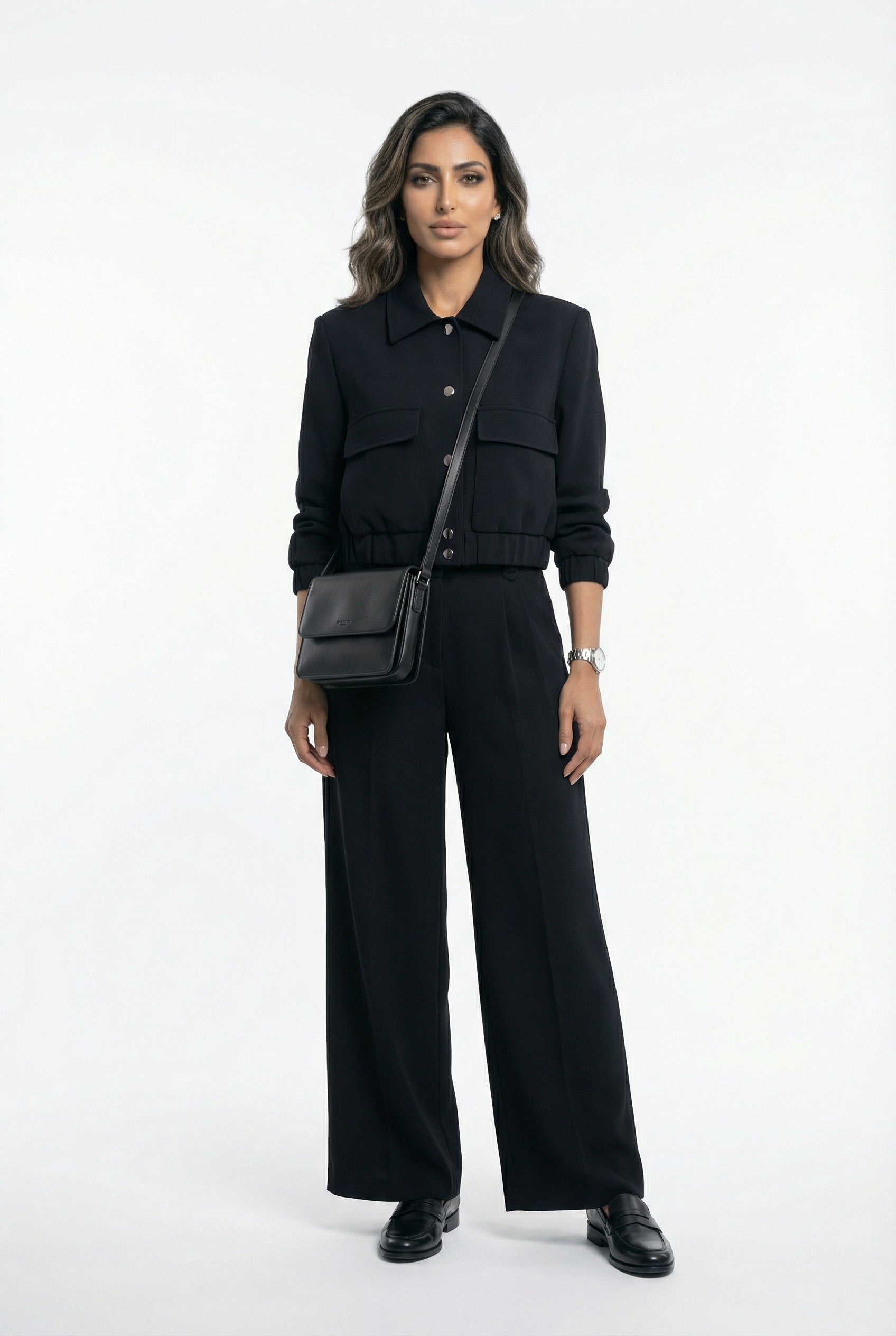 V2575 SET Bomber Jacket and Wide Leg Pants سترة بومبر وبنطال واسع الساق - Brown Loft