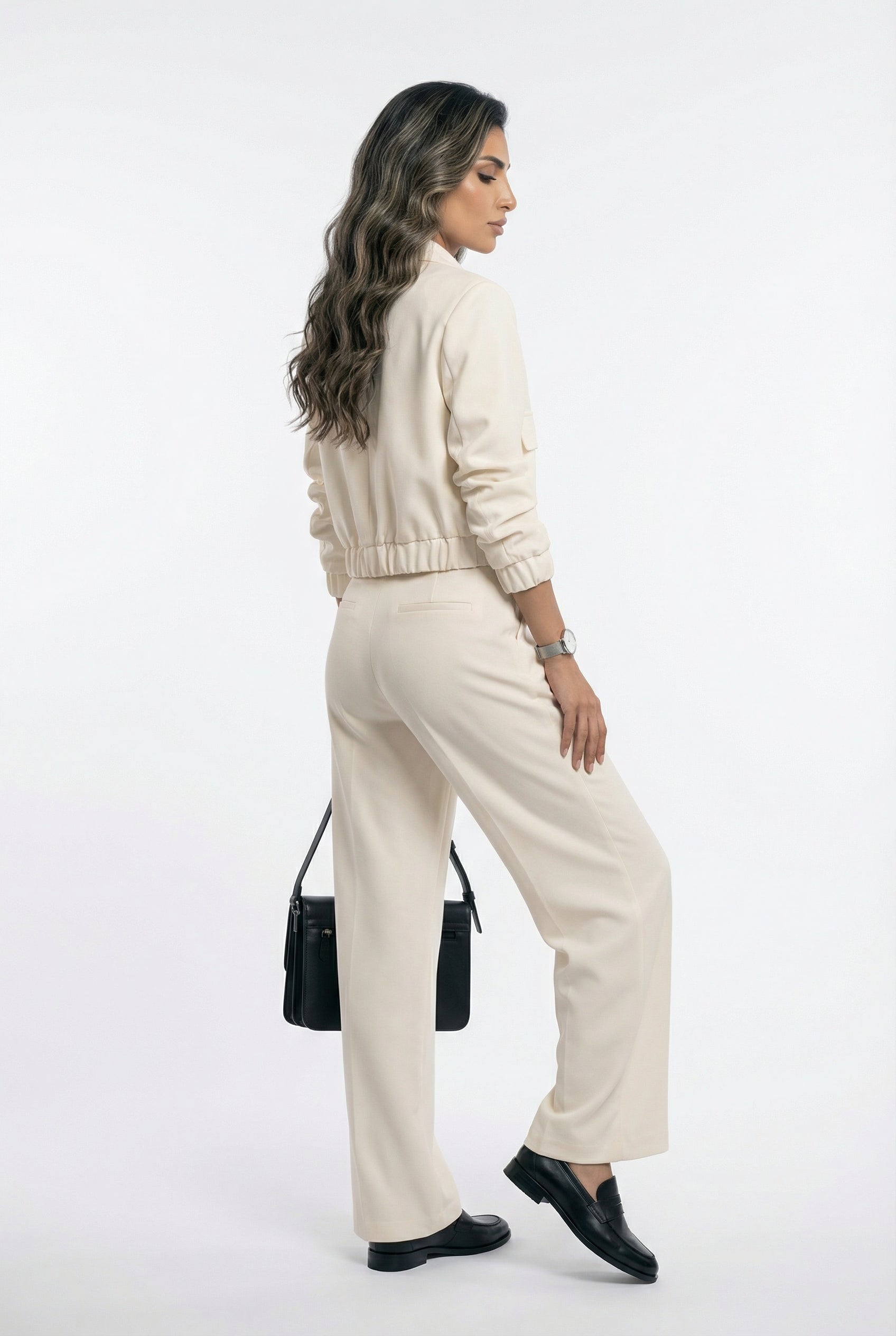 V2575 SET Bomber Jacket and Wide Leg Pants سترة بومبر وبنطال واسع الساق - Brown Loft