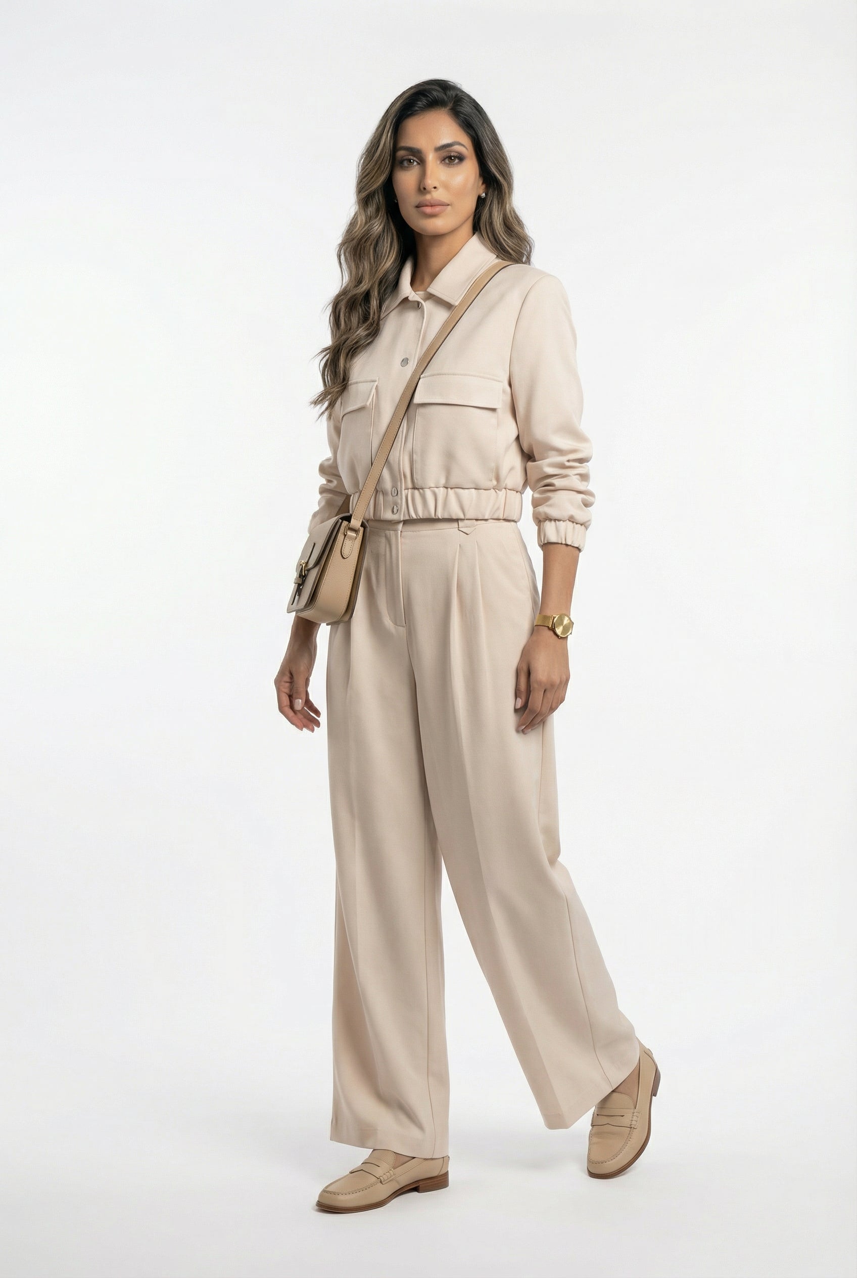V2575 SET Bomber Jacket and Wide Leg Pants سترة بومبر وبنطال واسع الساق - Brown Loft