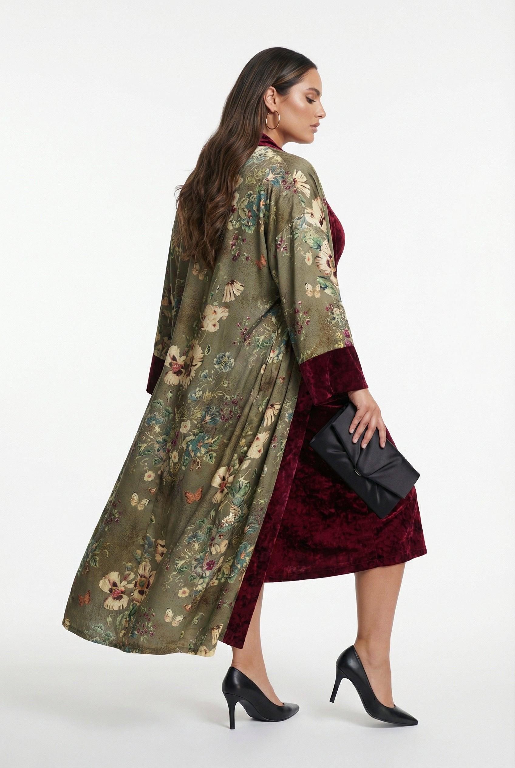25583/2522 Scoop Neckline Velvet Long Sleeveless Dress with Floral Kimono - Brown Loft