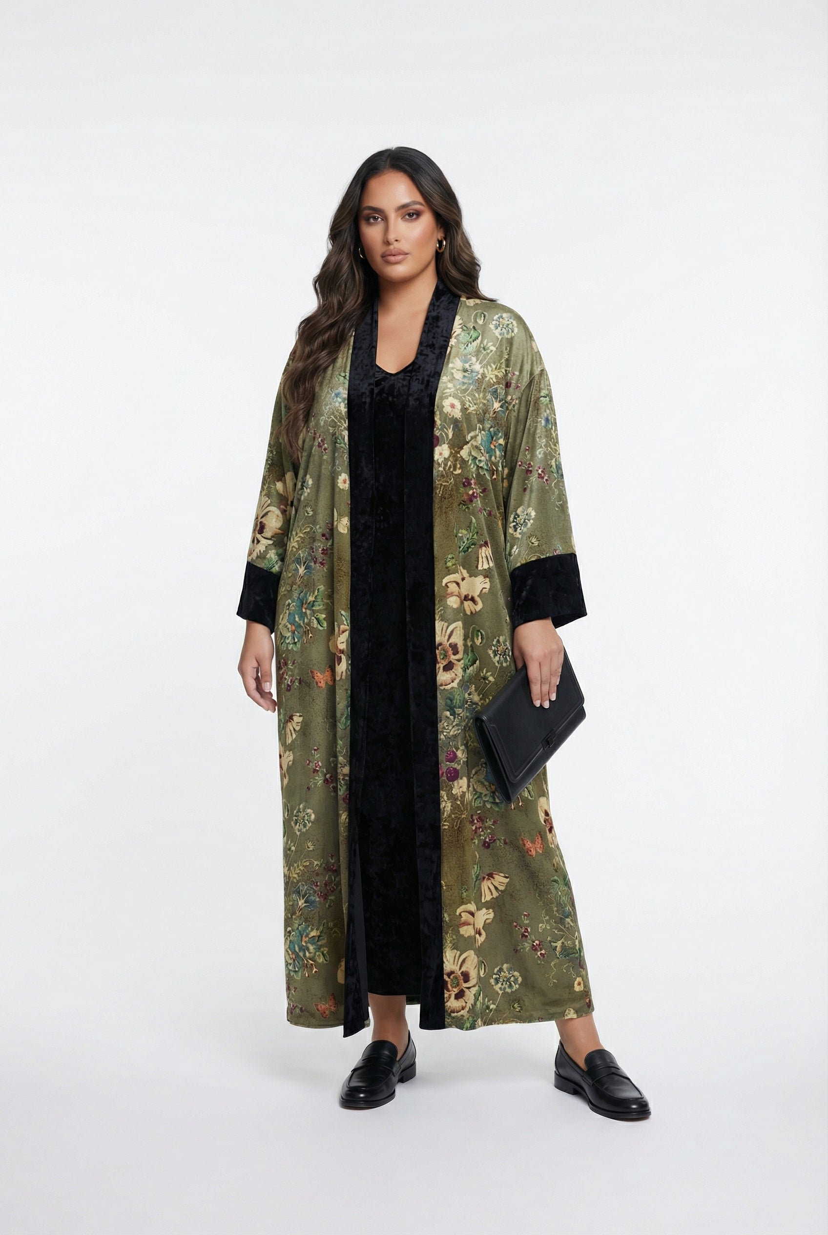 25583/2522 Scoop Neckline Velvet Long Sleeveless Dress with Floral Kimono - Brown Loft