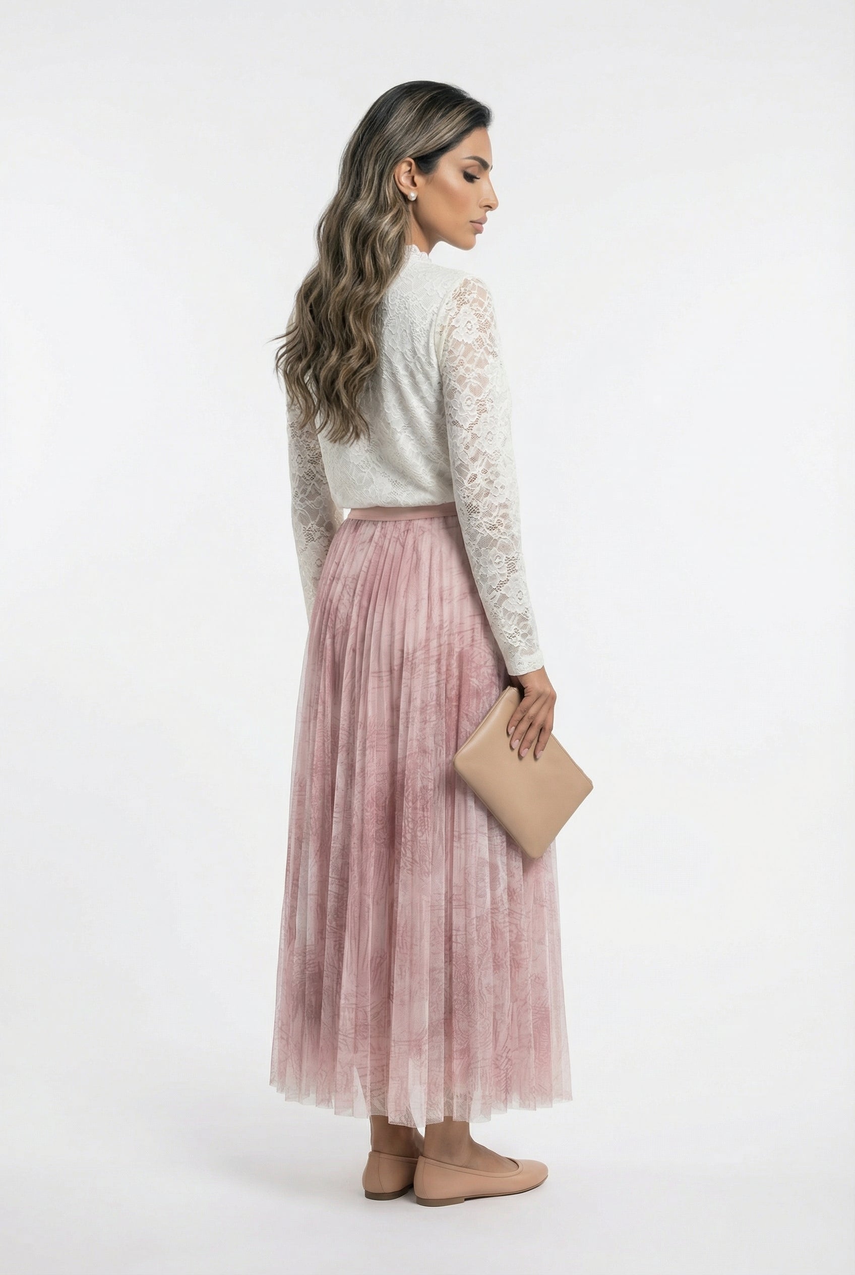 08202-1 Long Tulle Skirt تنورة تول طويلة بطبعة تجريدية - Brown Loft