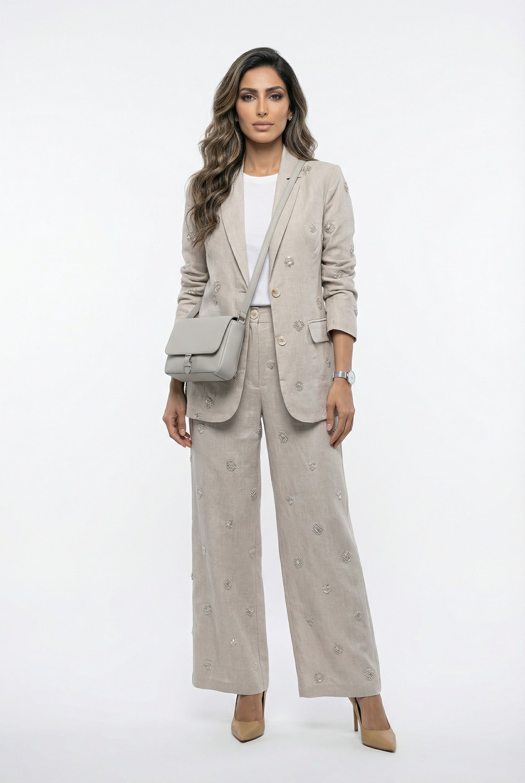 Noa Linen Sequins Jacket جاكيت من الكتان مزين بالترتر - Brown Loft