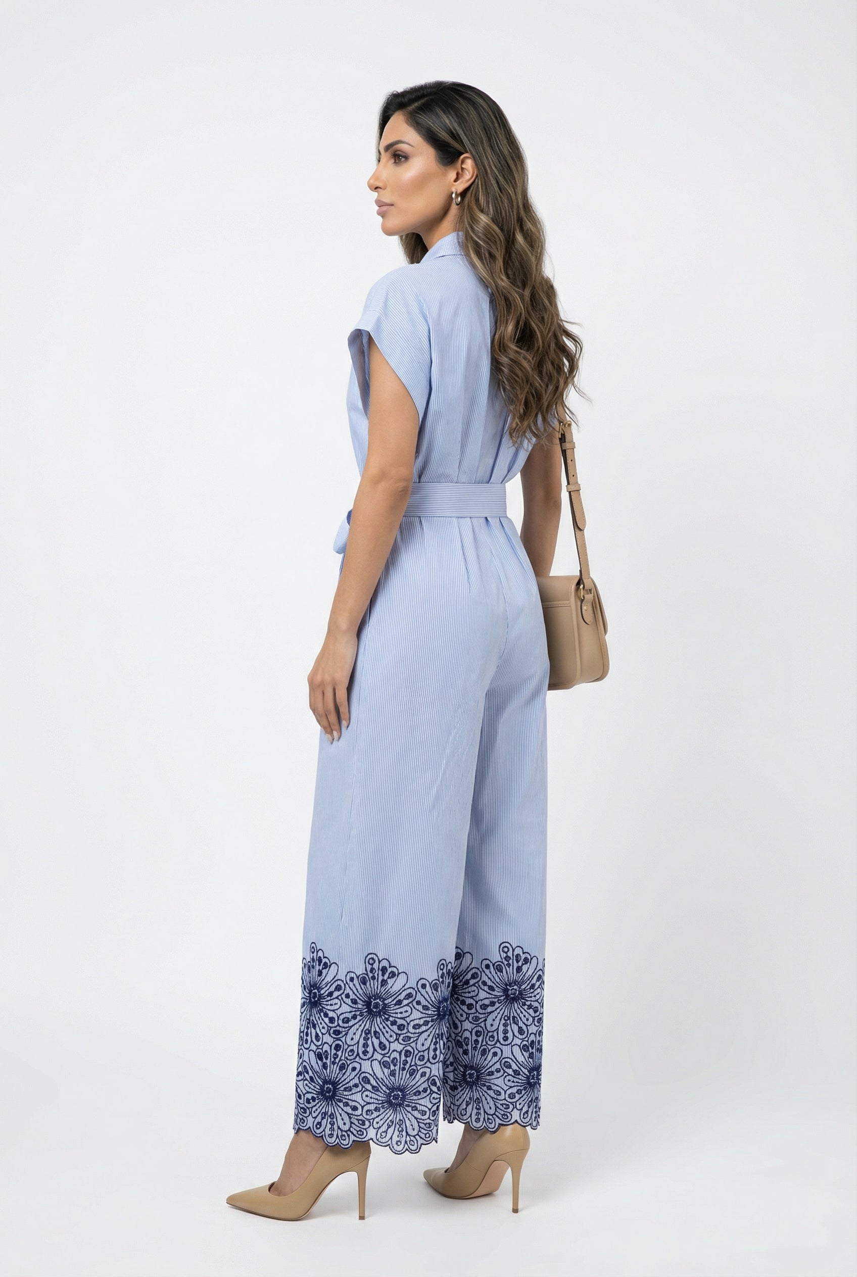 6219001 Striped Belted Jumpsuit جمبسوت مخطط بحزام - Brown Loft