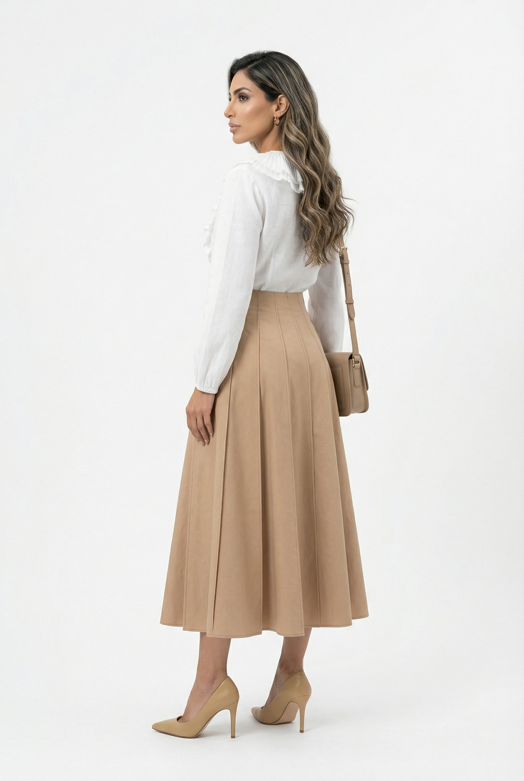 6207004 Pleated Ruffled Collared Top بلوزة شفافة مكشكشة بياقة مطوية - Brown Loft