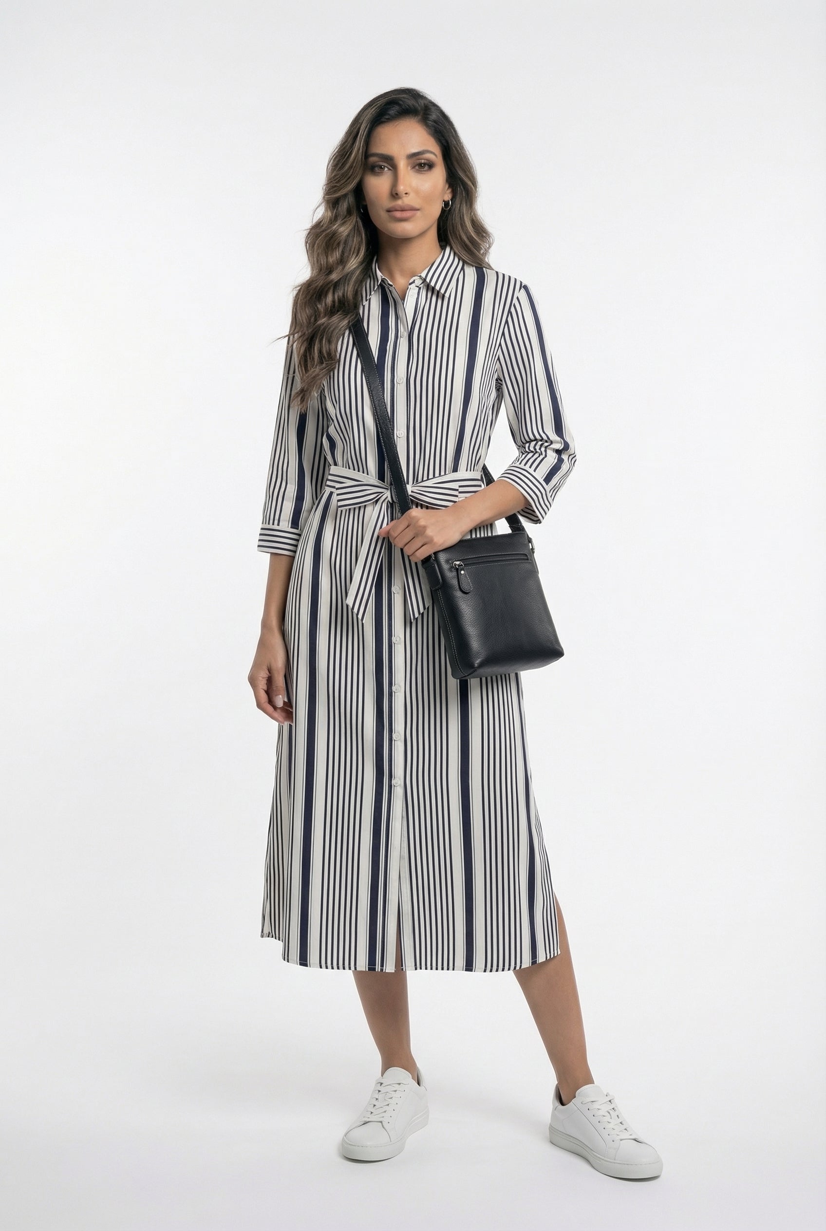 33649 Striped Midi Shirt Dress فستان قميص مخطط متوسط الطول - Brown Loft