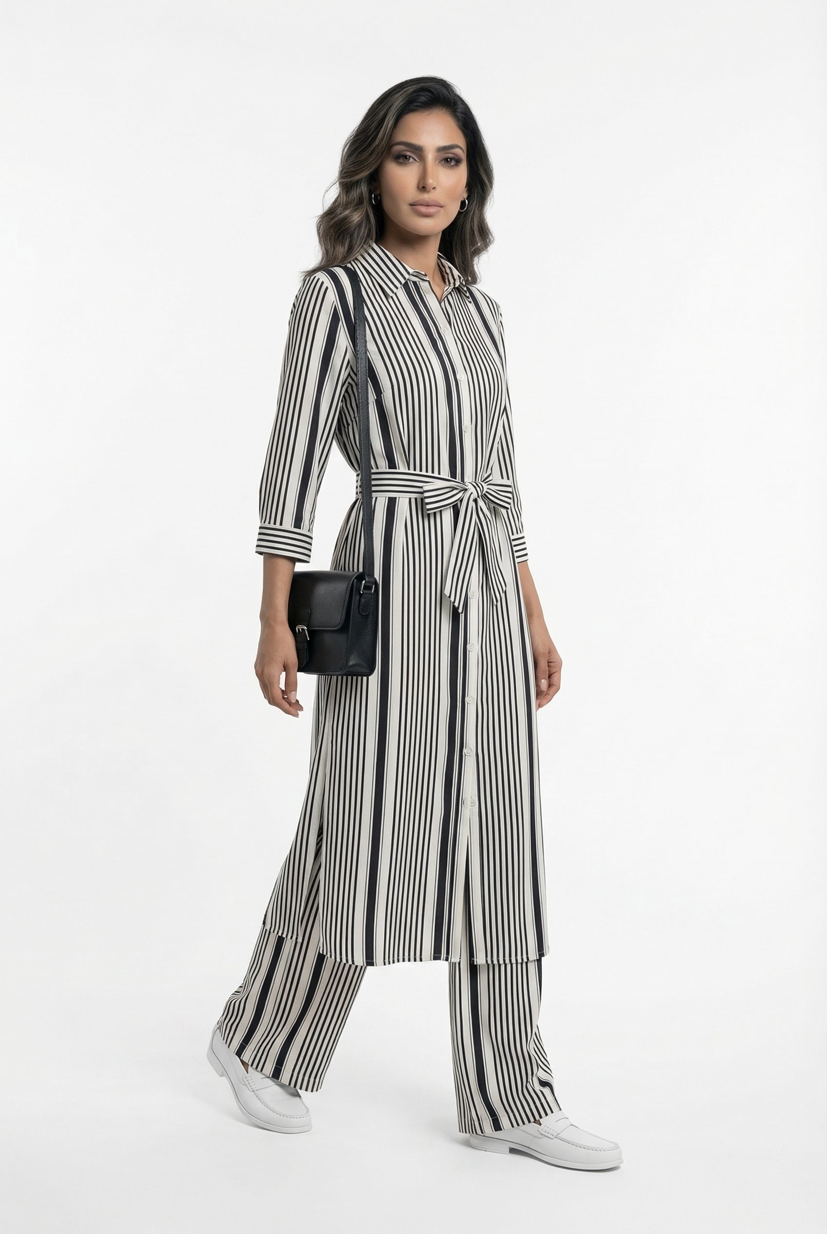 33649 Striped Midi Shirt Dress فستان قميص مخطط متوسط الطول - Brown Loft