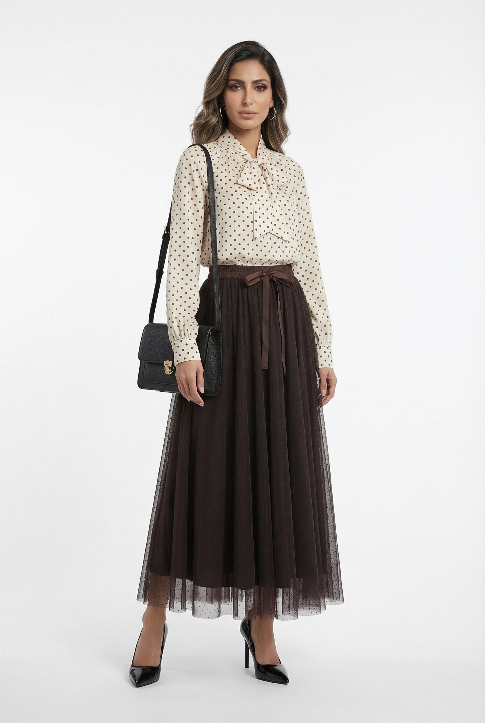 08077-3 Black Dot Long Tulle Skirt تنورة تول طويلة