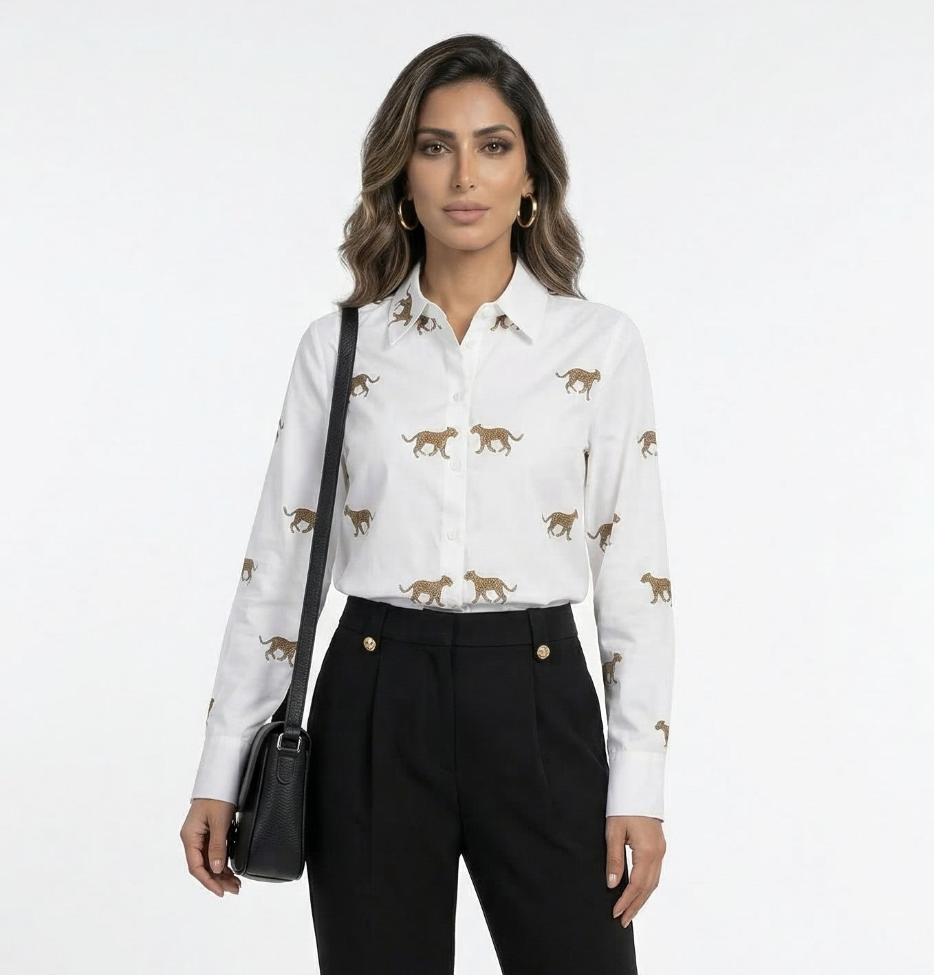 LS2615059 Leopard Print Poplin Shirt قميص بوبلين بطبعة النمر - Brown Loft