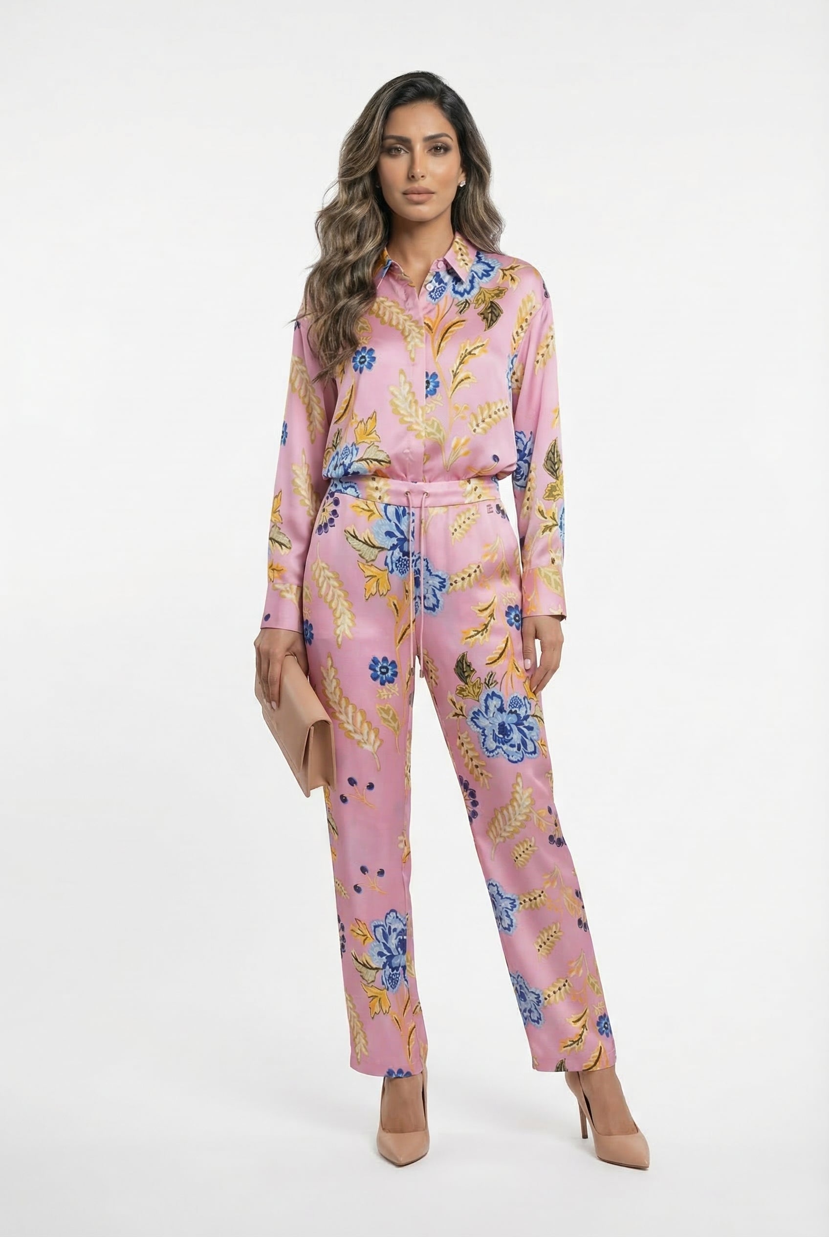 LS2615052 Floral Print Satin Shirt قميص ساتان بطبعة زهور - Brown Loft