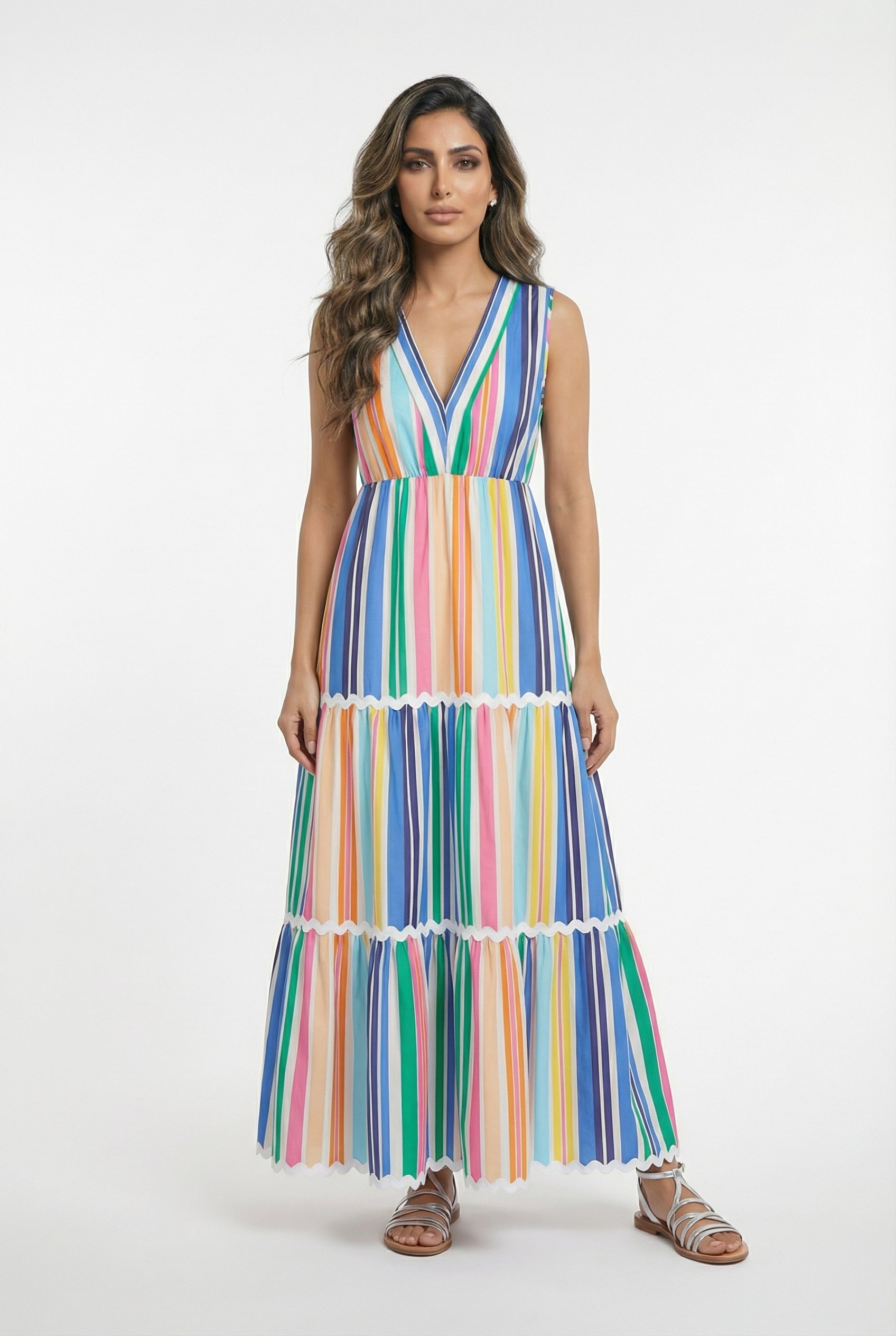 32378 Colorful Striped Sleeveless Long Dress - Brown Loft