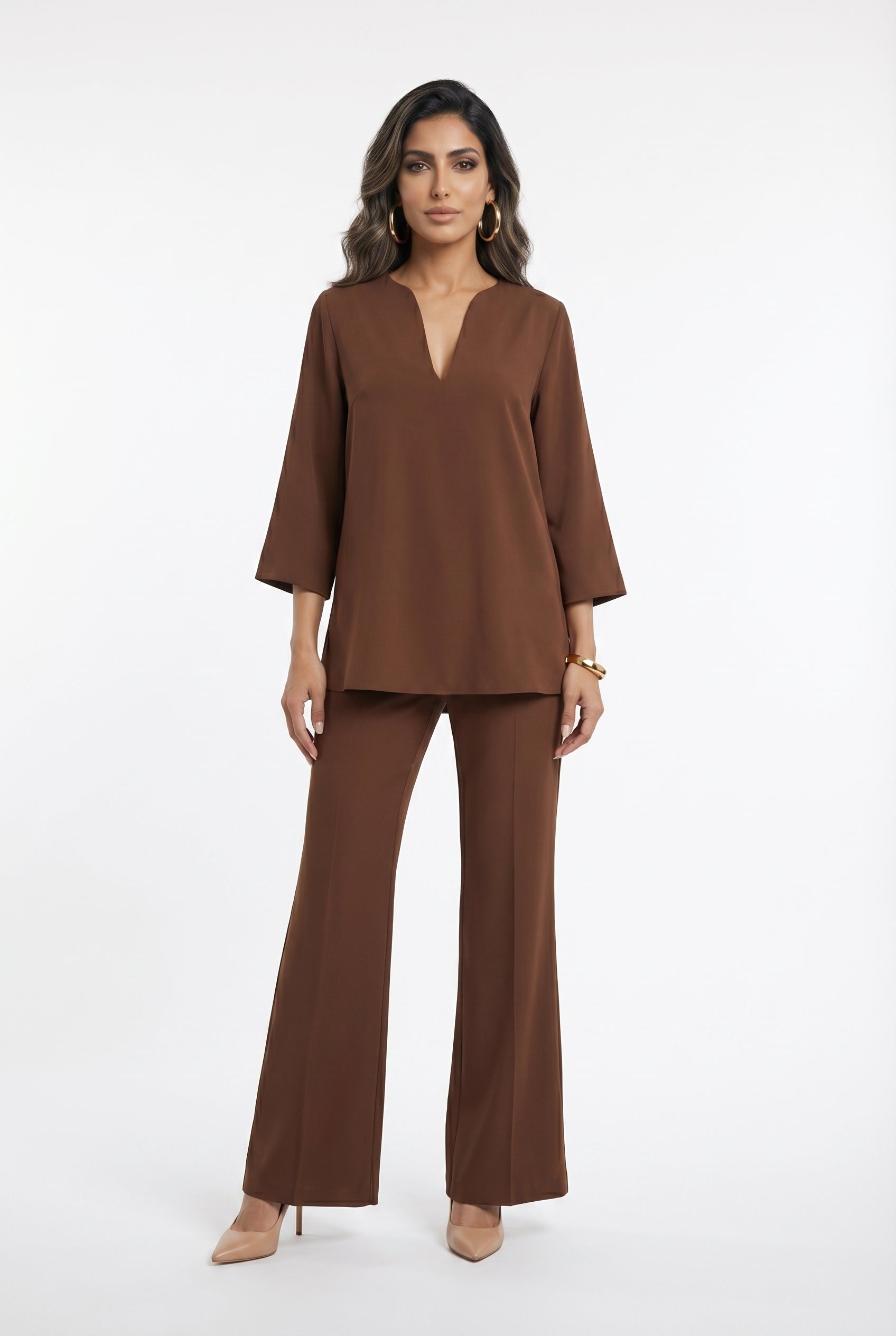 54-2072/5038 Long Top and Flare Pants - Brown Loft