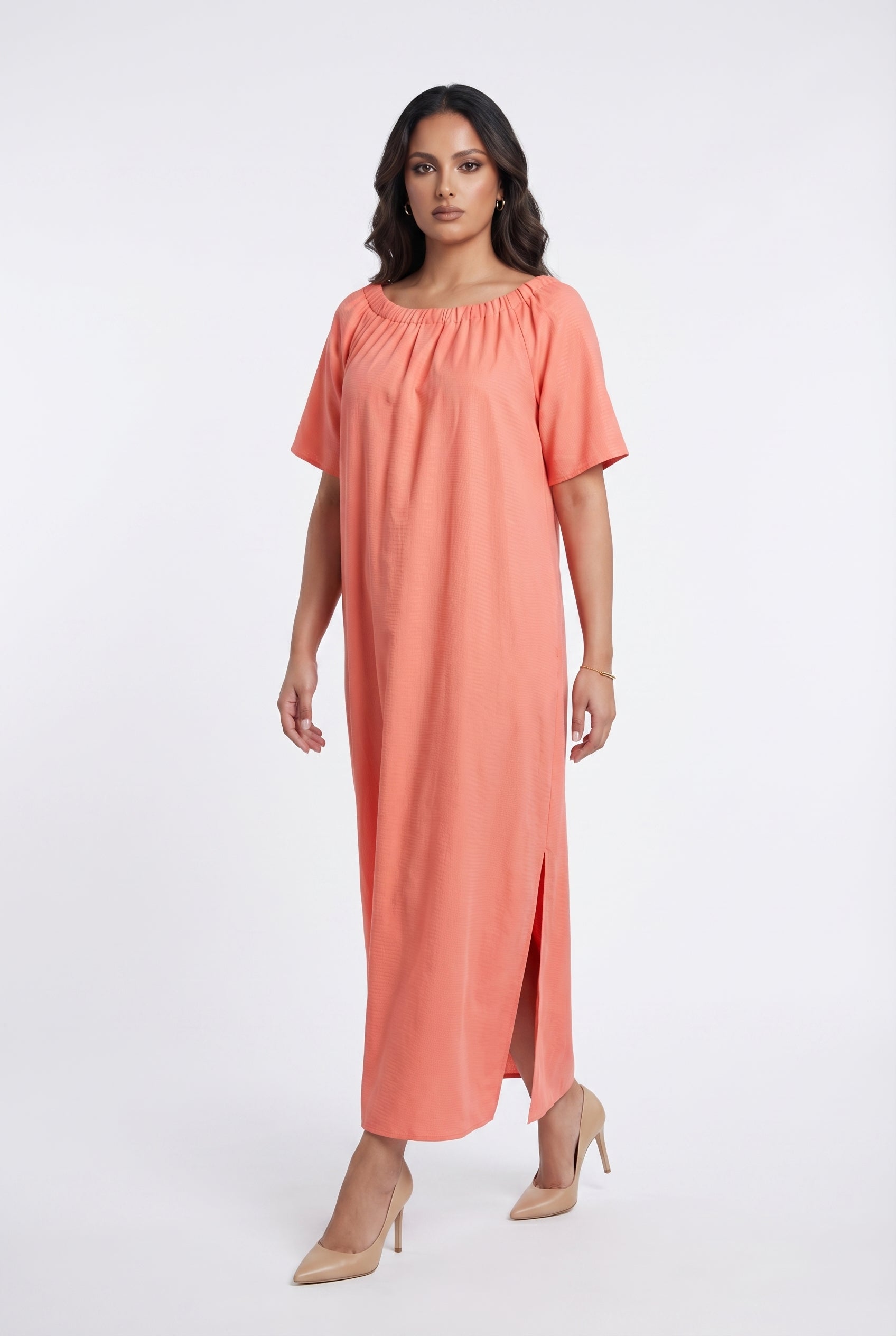 8301.7073 Off Shoulder A Line Long Dress - Brown Loft