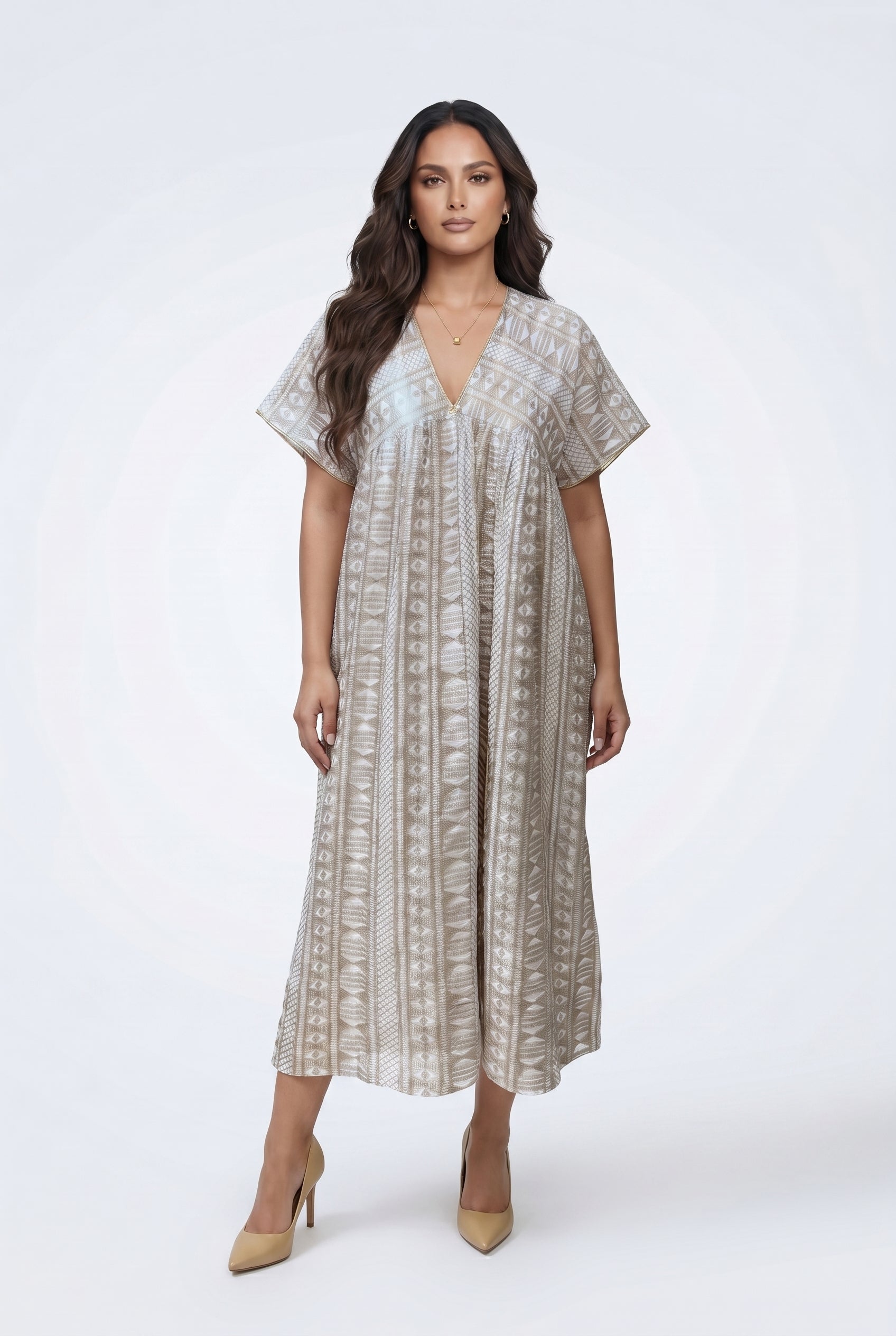 8301.7180 Geometric Embroidered Oversized Kaftan - Brown Loft