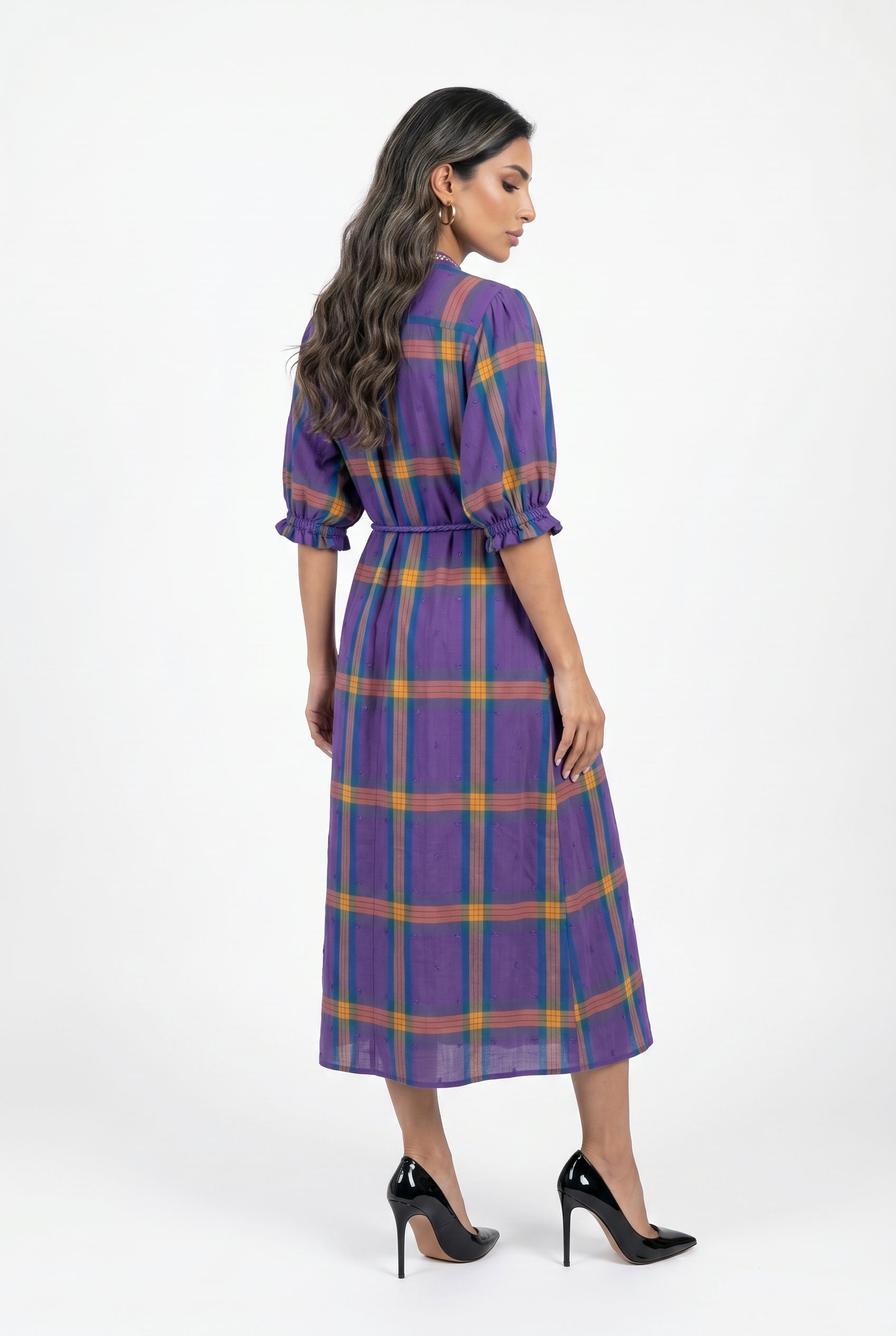 Mae Carreaux Plaid Patterned Long Dress فستان طويل بنقشة مربعات - Brown Loft