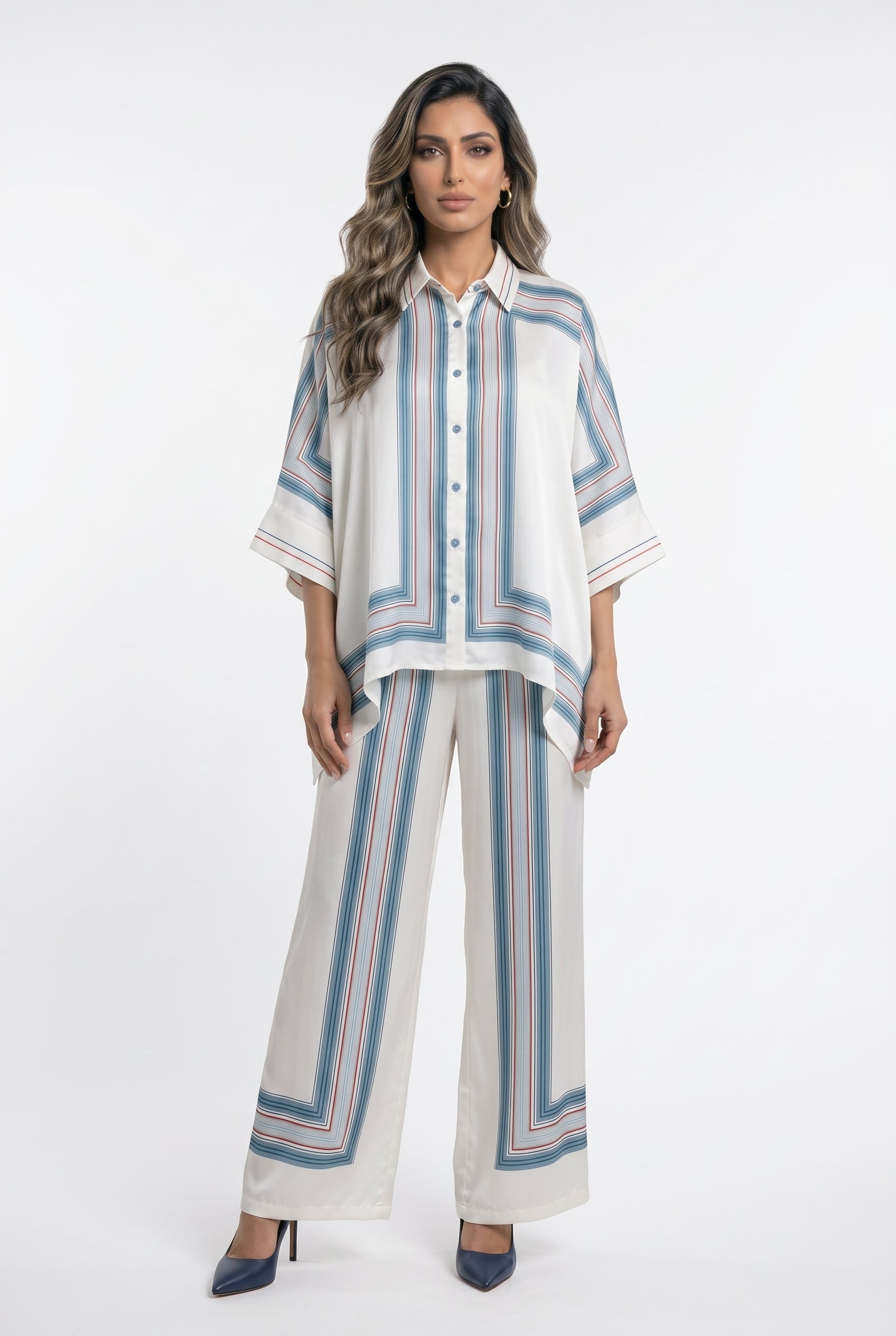 KD8871/9099-7 Ticking Stripe Satin Cape Shirt and Pants قميص وبنطال من الساتان المخطط - Brown Loft