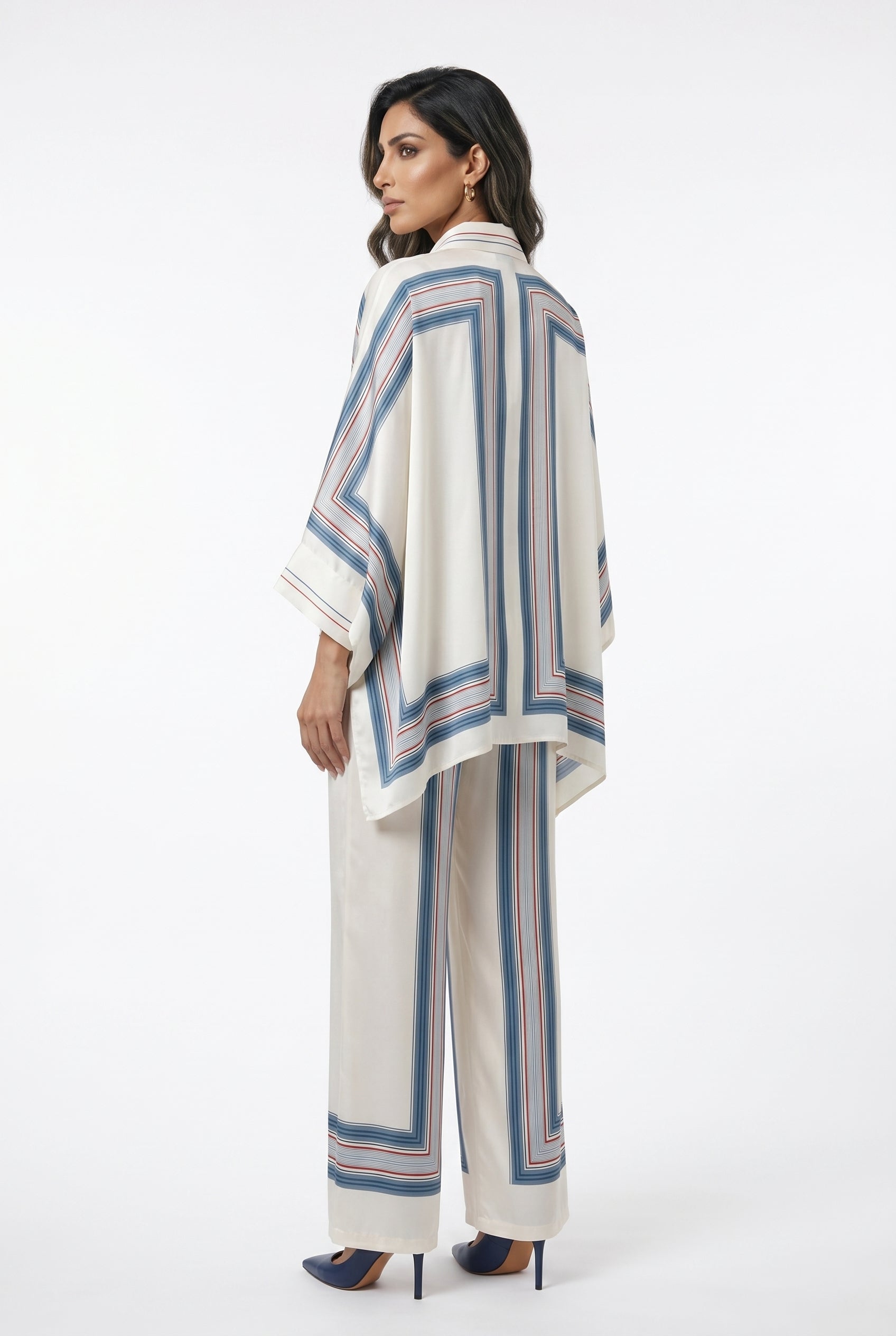KD8871/9099-7 Ticking Stripe Satin Cape Shirt and Pants قميص وبنطال من الساتان المخطط - Brown Loft
