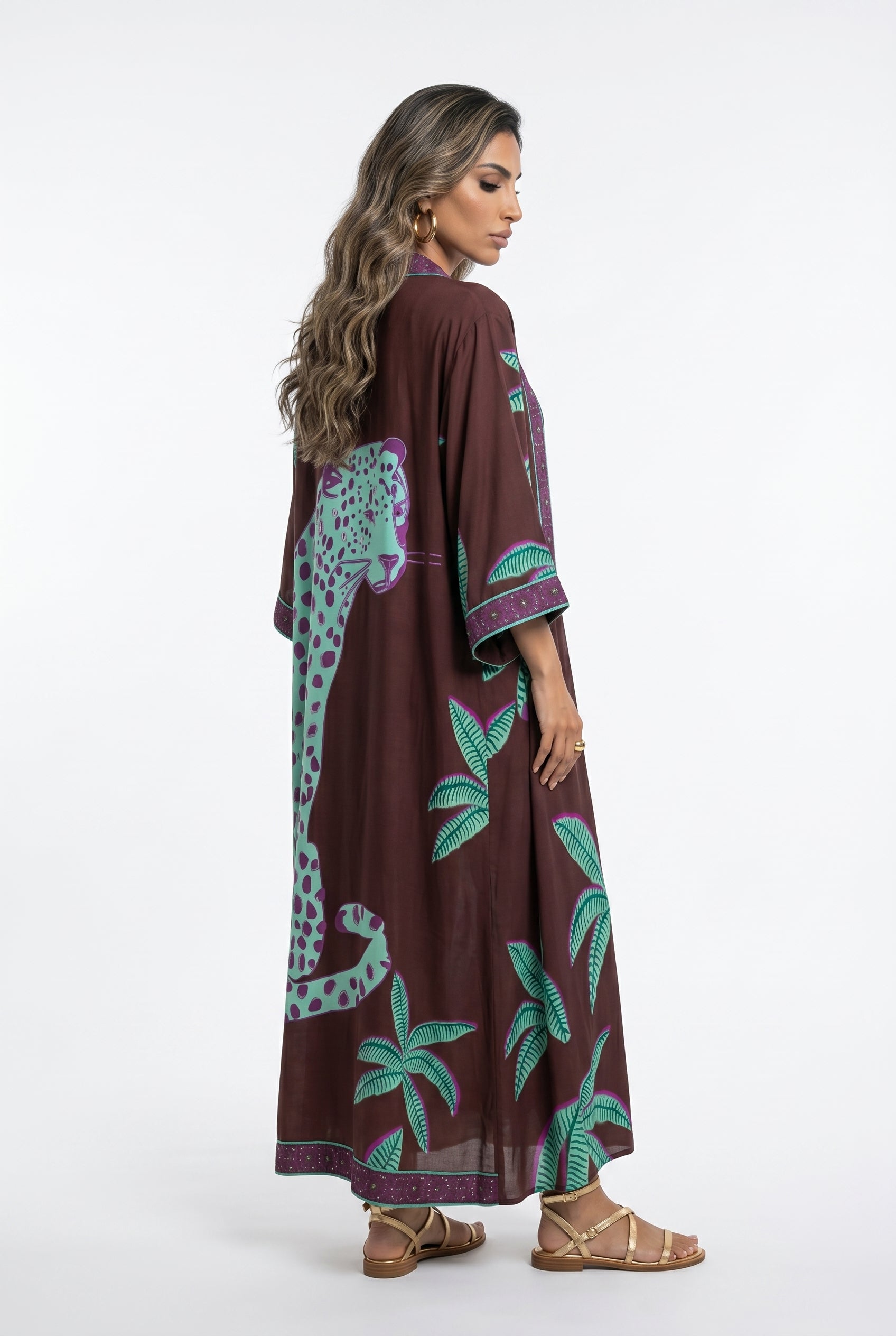 LS2616022/2004 Palm Print Strap Dress and Cardigan فستان بحزام مطبوع بأشكال النخيل وكارديغان - Brown Loft