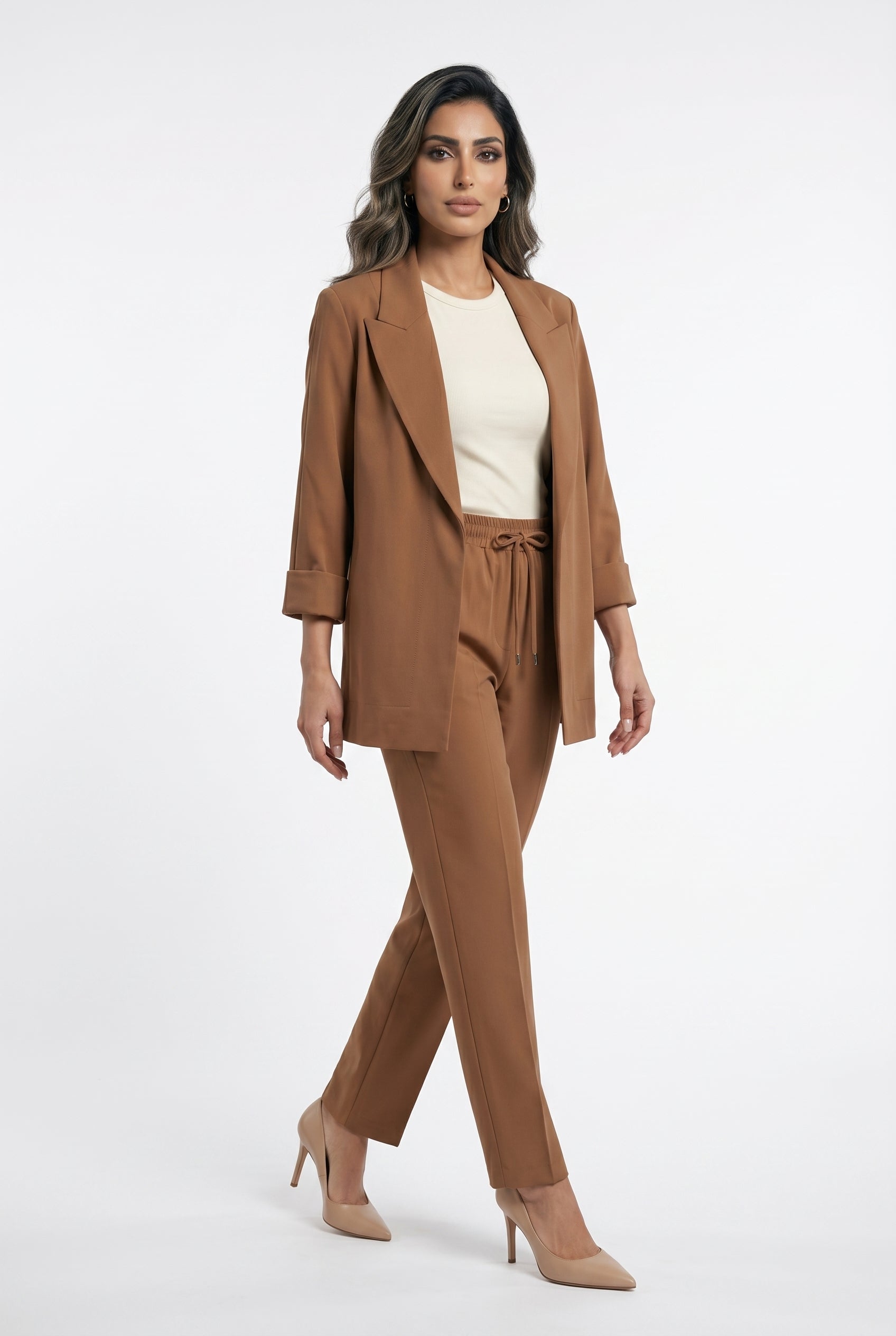 63-5101 Elasticated Pants with Turn-up Cuffs - Brown Loft