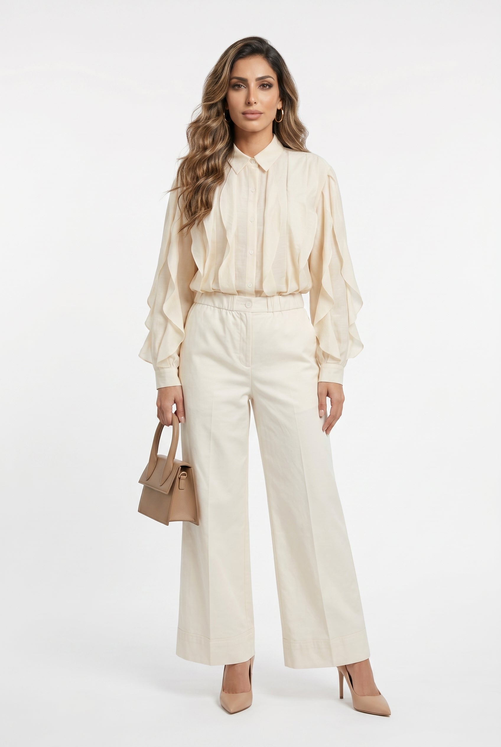 MJ261960 Ruffled Sheer Sculpted Oversized Shirt قميص شفاف منحوت كبير الحجم مع كشكشة - Brown Loft