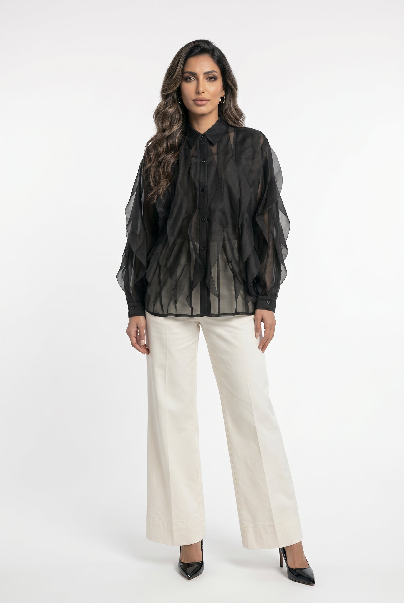 MJ261960 Nero Ruffled Sheer Sculpted Shirt قميص شفاف مكشكش ومنقوش - Brown Loft