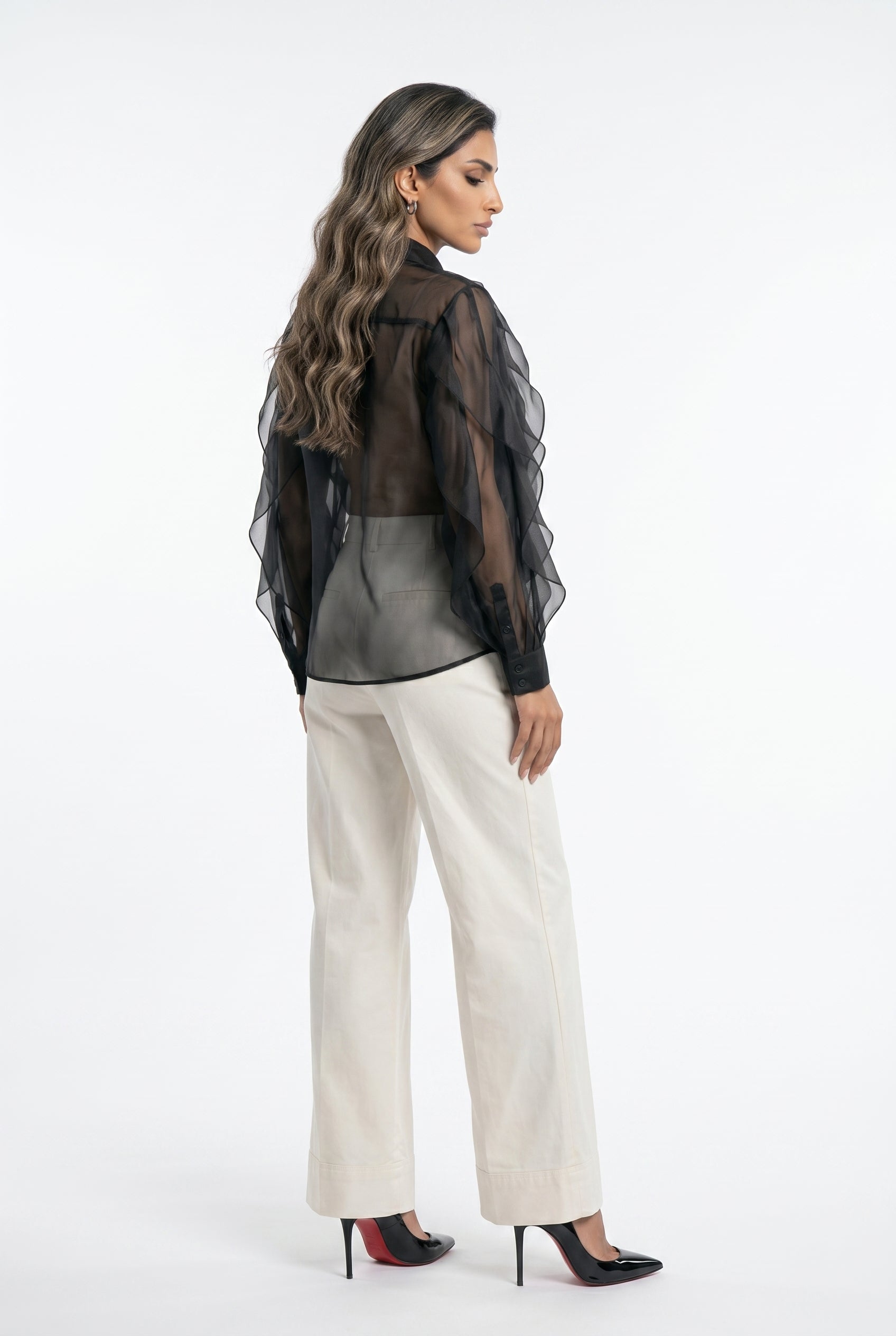 MJ261960 Nero Ruffled Sheer Sculpted Shirt قميص شفاف مكشكش ومنقوش - Brown Loft