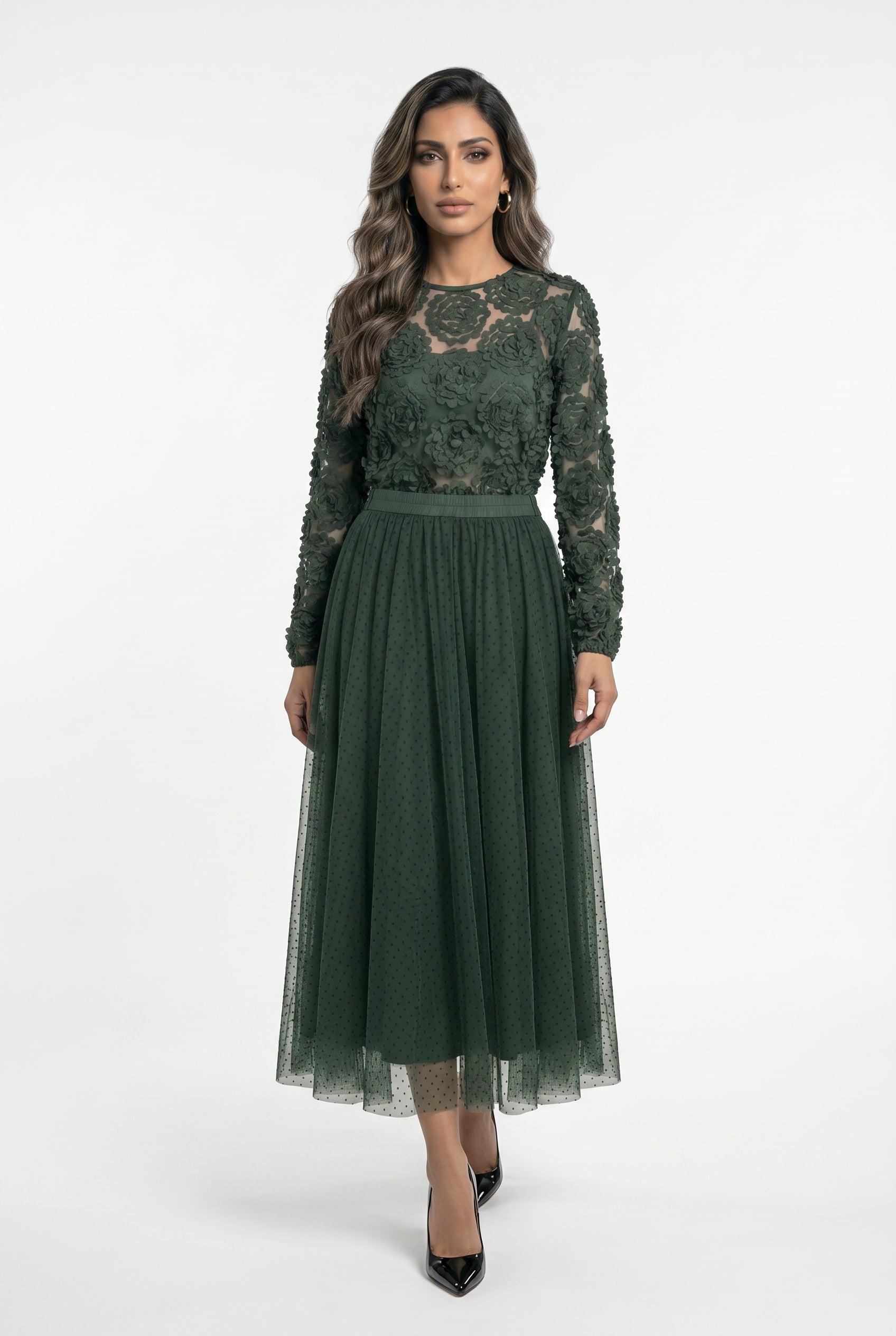 CK08022 Boat Neckline Floral Applique Sheer Tulle Top
