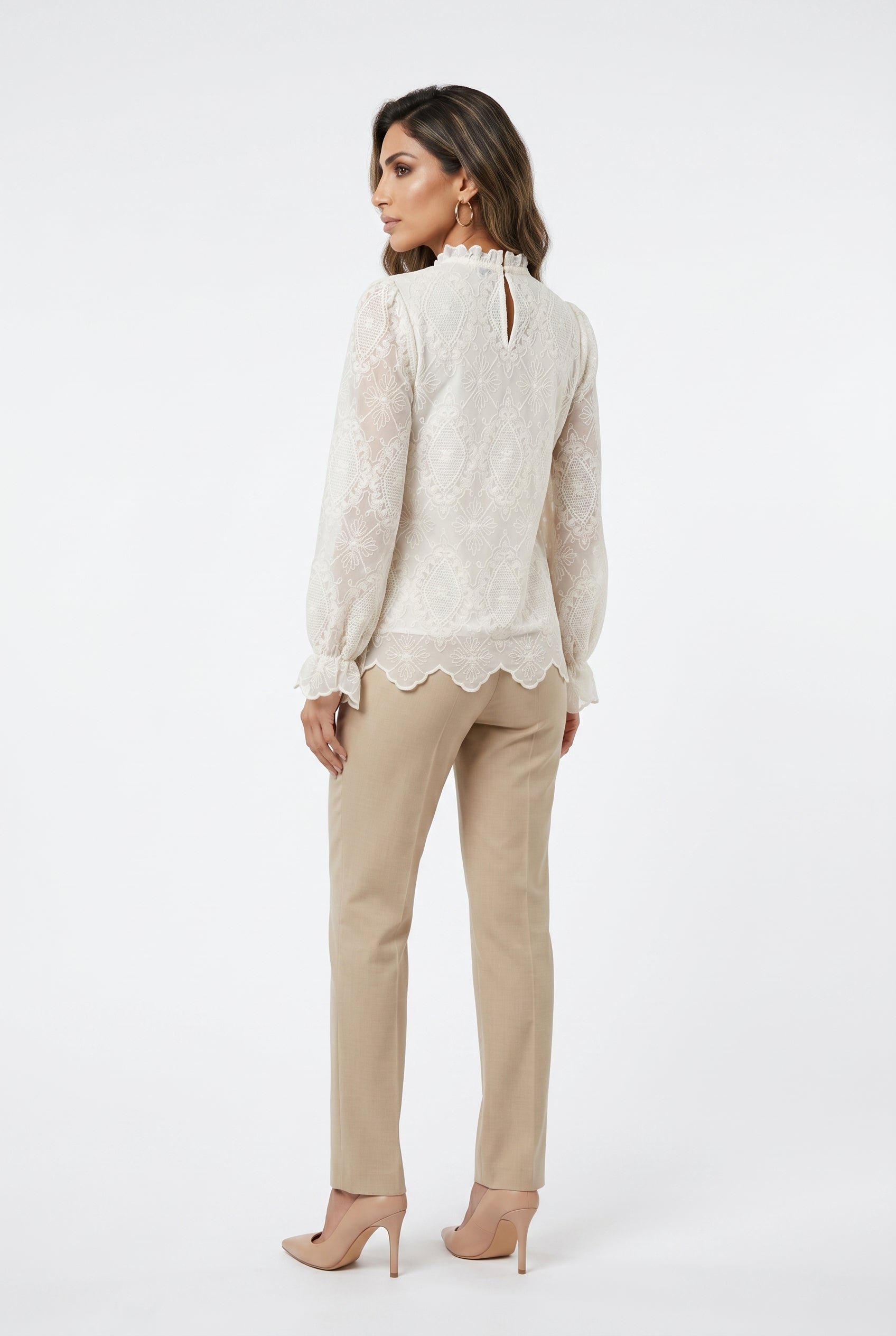 81048 Mock Neck Collared Sheer Floral Lace Top