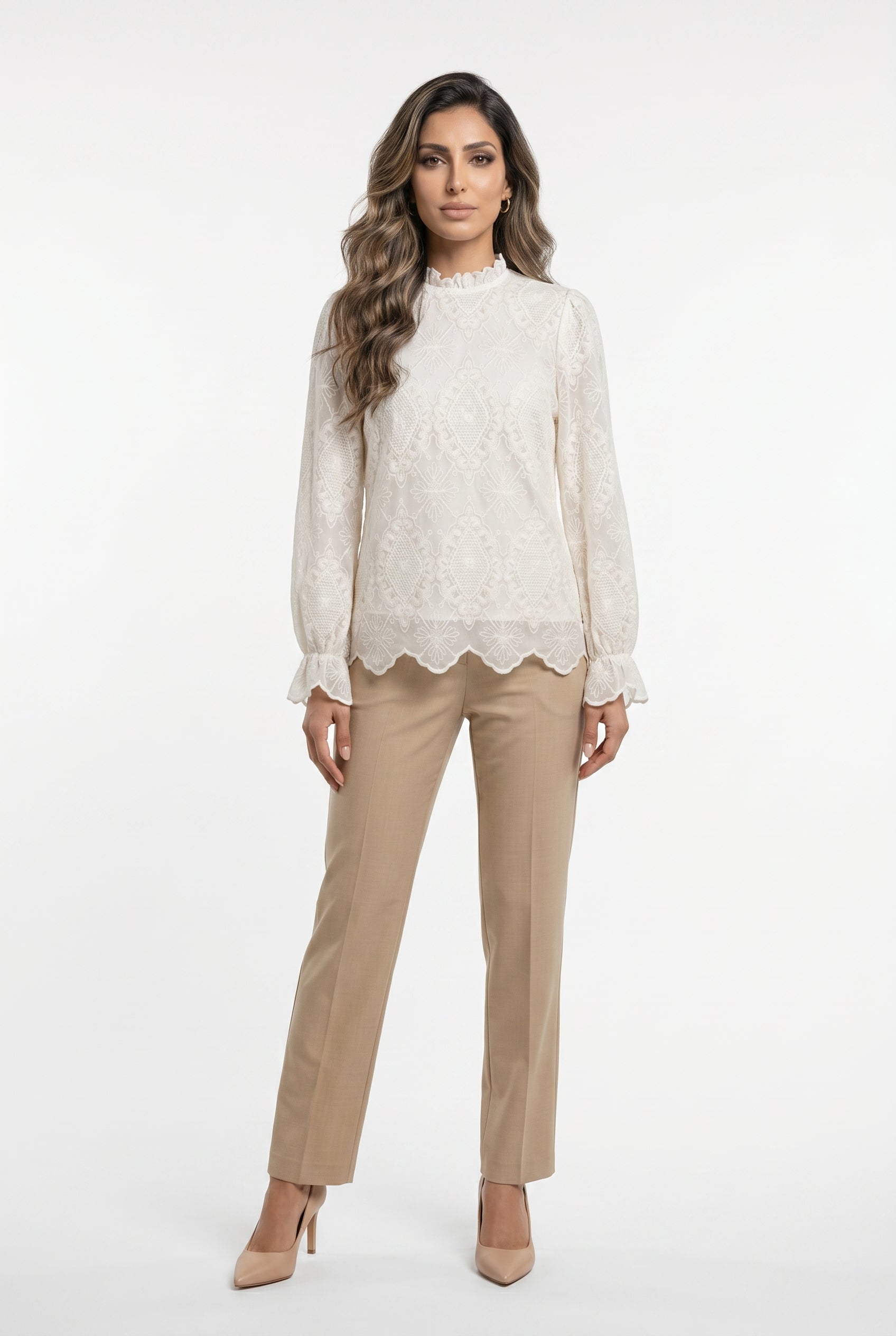 81048 Mock Neck Collared Sheer Floral Lace Top