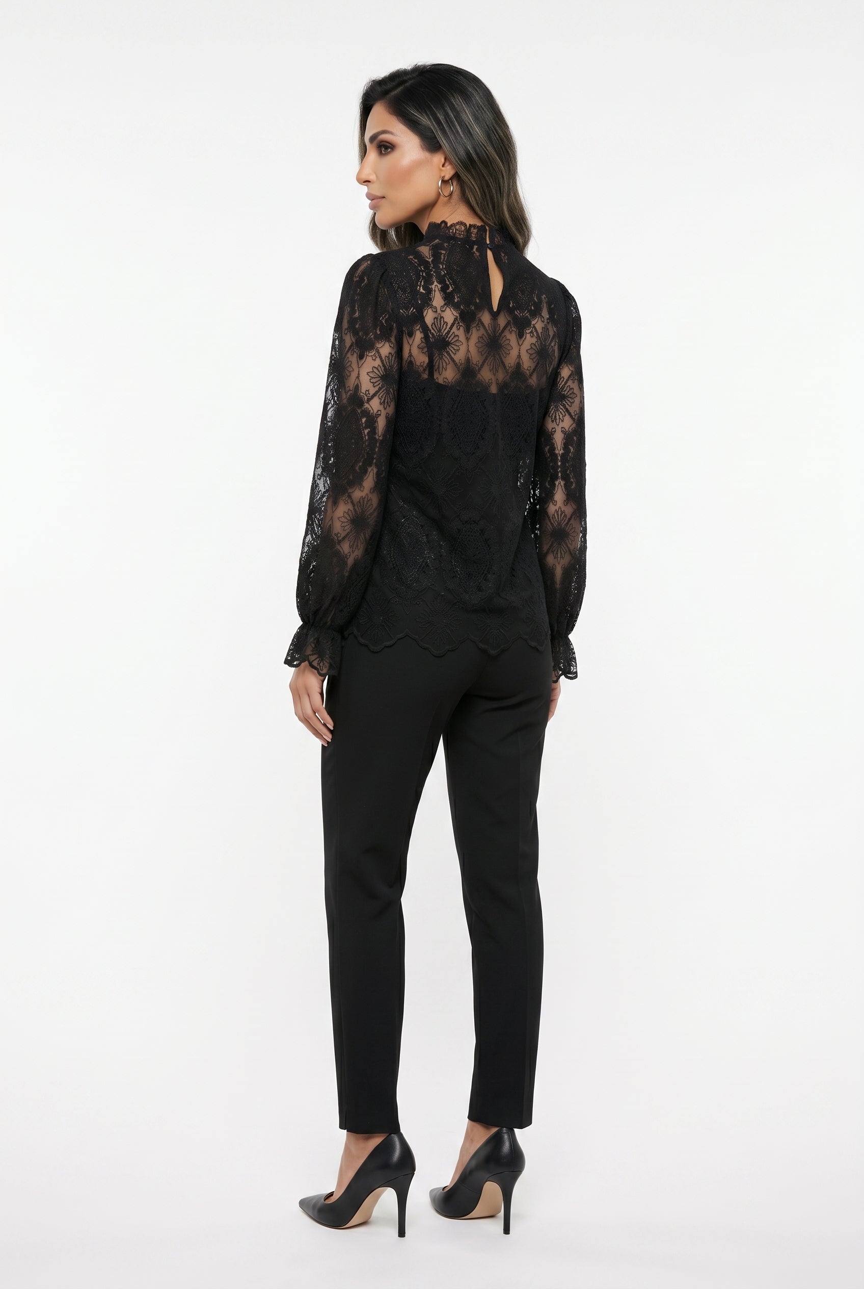 81048 Mock Neck Collared Sheer Floral Lace Top