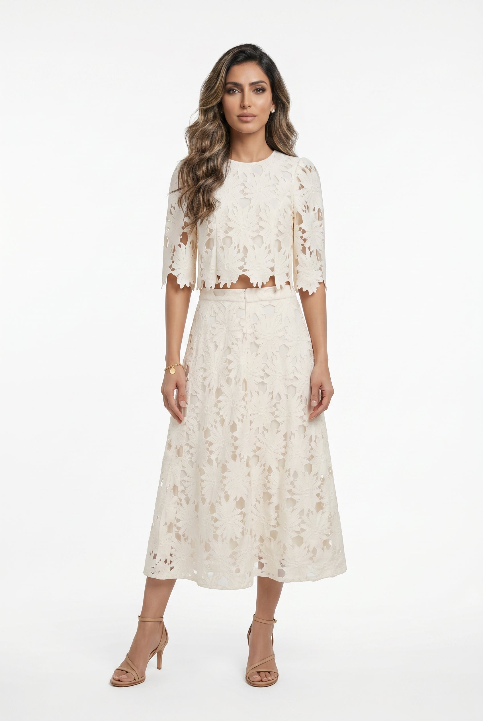 81071/72 Round Neck Floral Lace Crop Top and Lared Silhouette Skirt Set