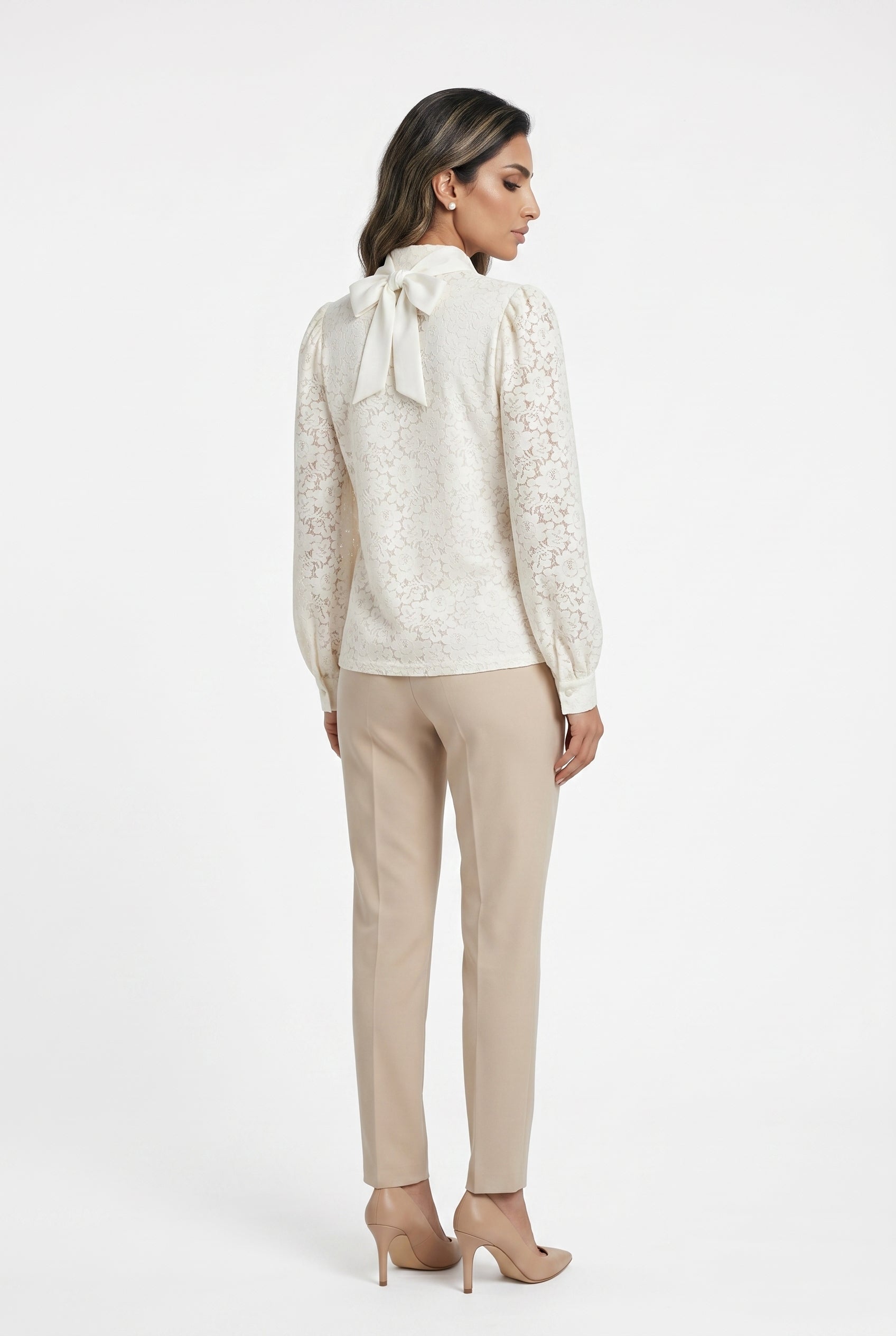Floral Lace Semi Sheer Shirt with Detachable Bow Tie CK08395