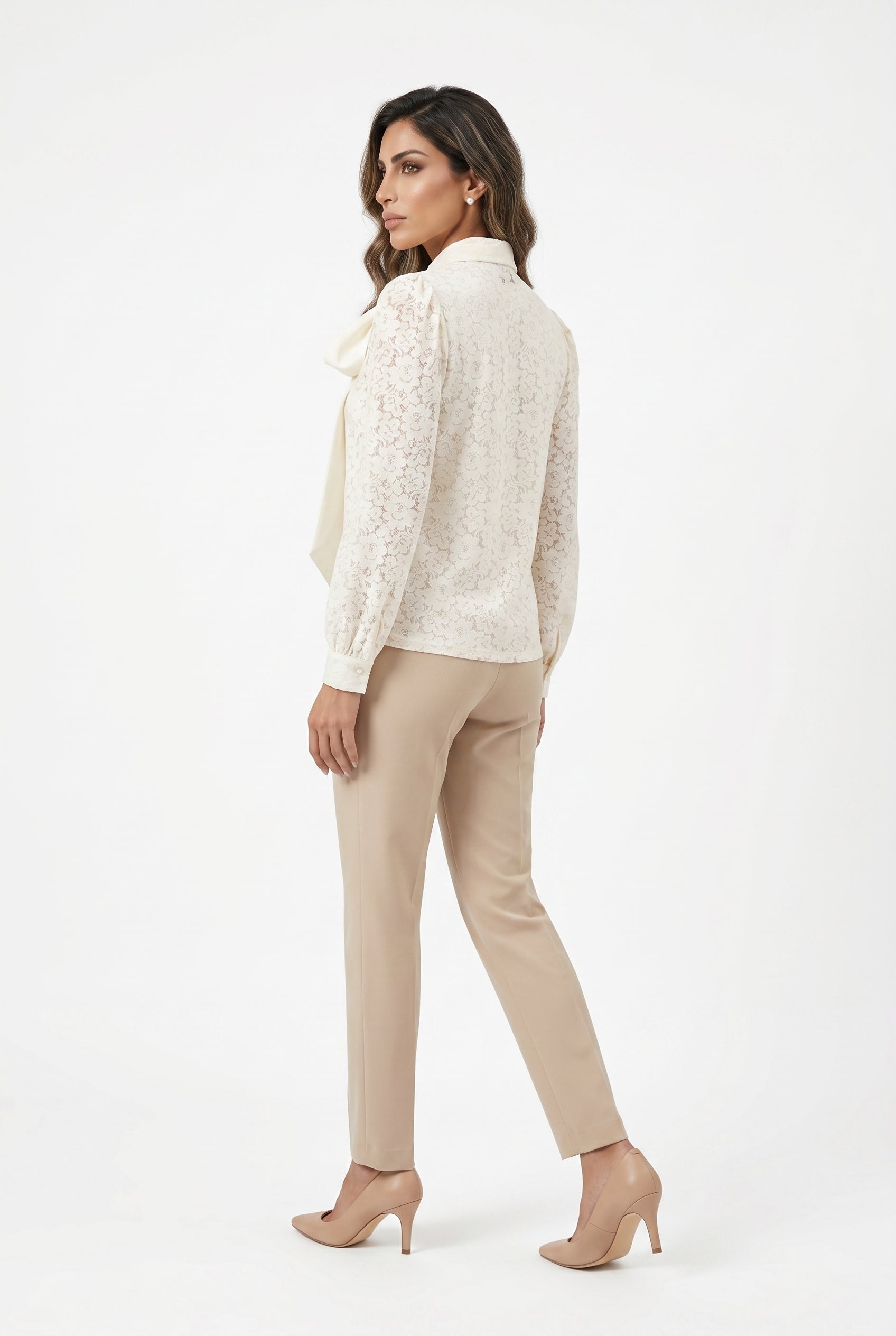 Floral Lace Semi Sheer Shirt with Detachable Bow Tie CK08395