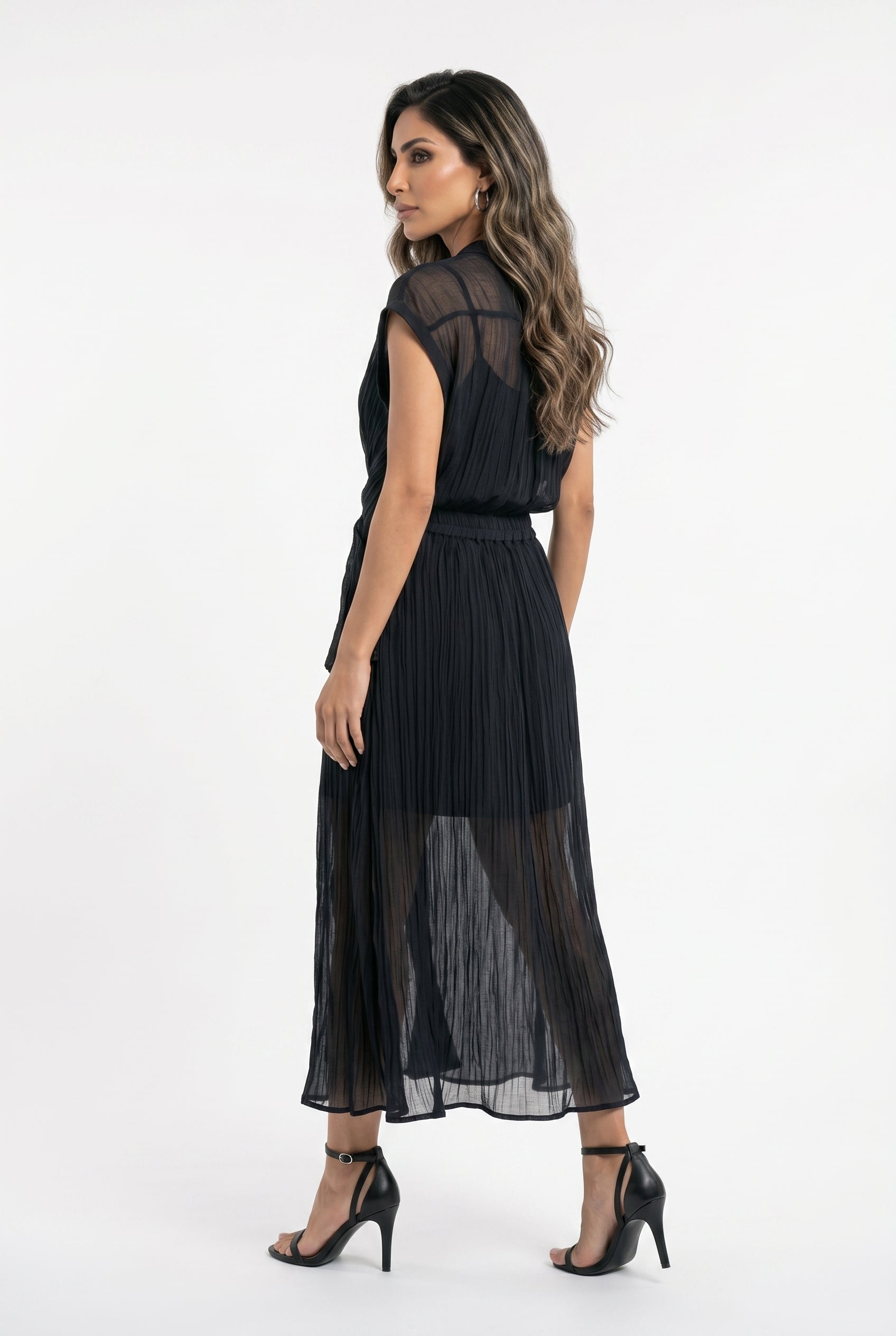 Crinkled Texture Sleeveless Top and Skirt Set 26S-1019/7020 - Brown Loft
