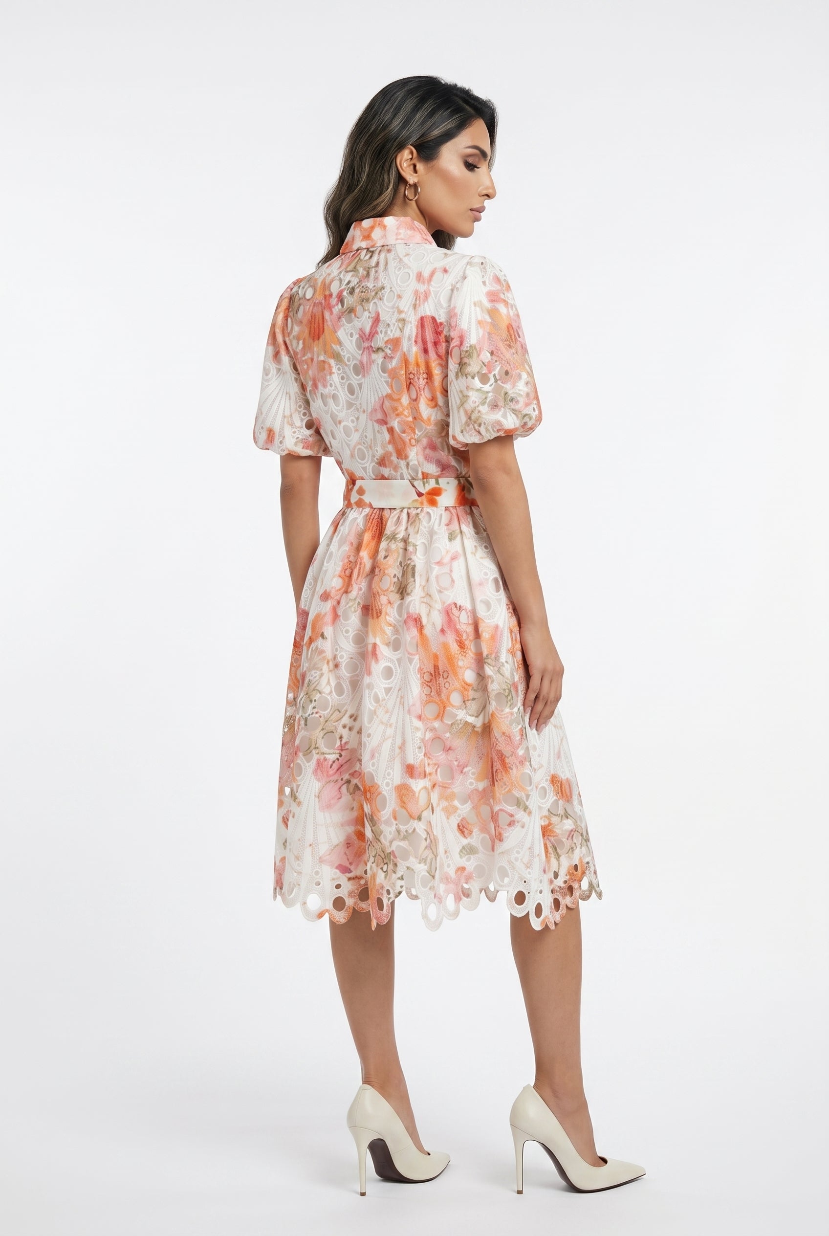 Aude Floral Embroidery Lace Midi Dress - Brown Loft