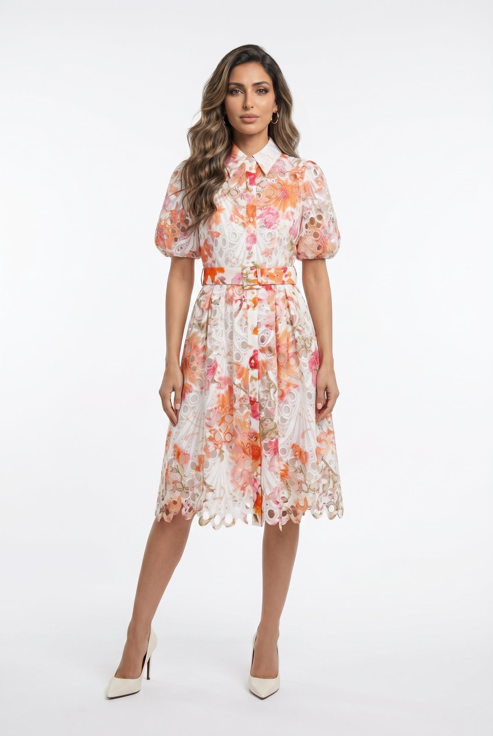 Aude Floral Embroidery Lace Midi Dress - Brown Loft