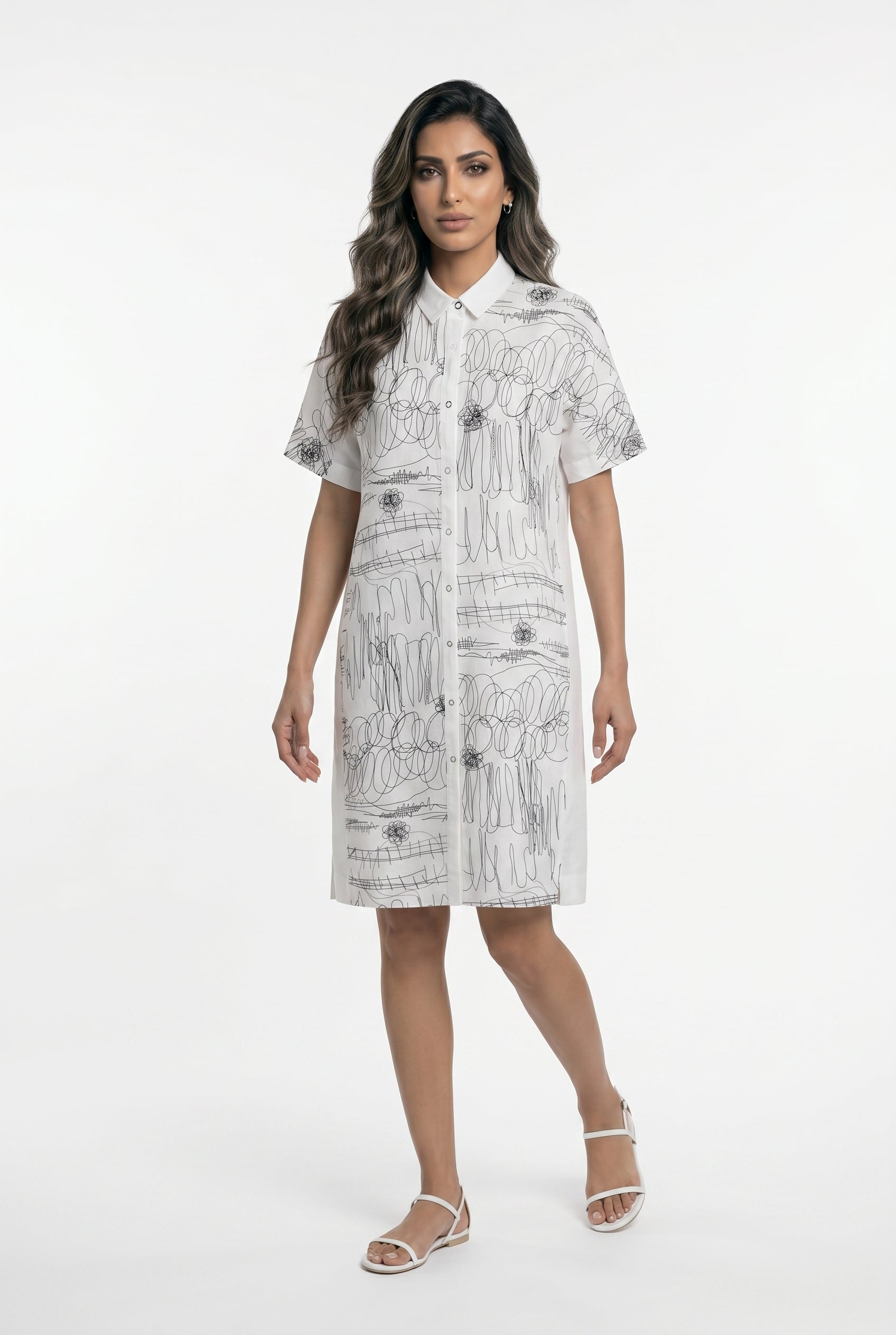 26S-3052 Scribble Print Oversized Flowy Dress - Brown Loft