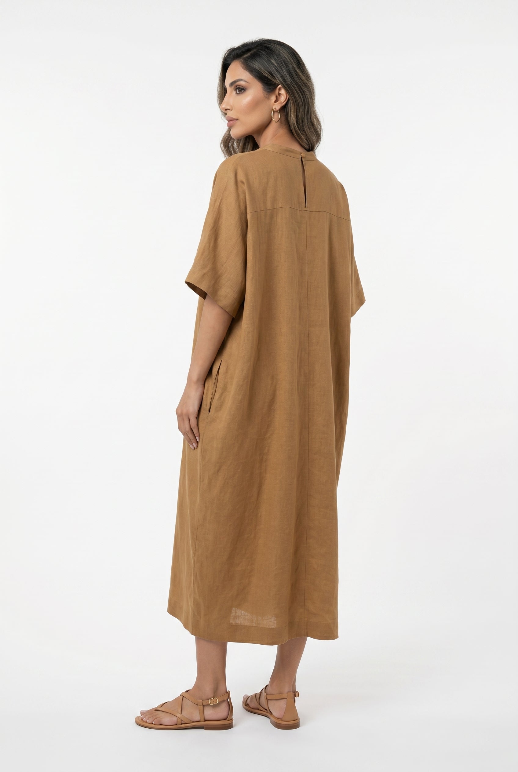 26S-3013 Oversized Linen Blend Kaftan - Brown Loft