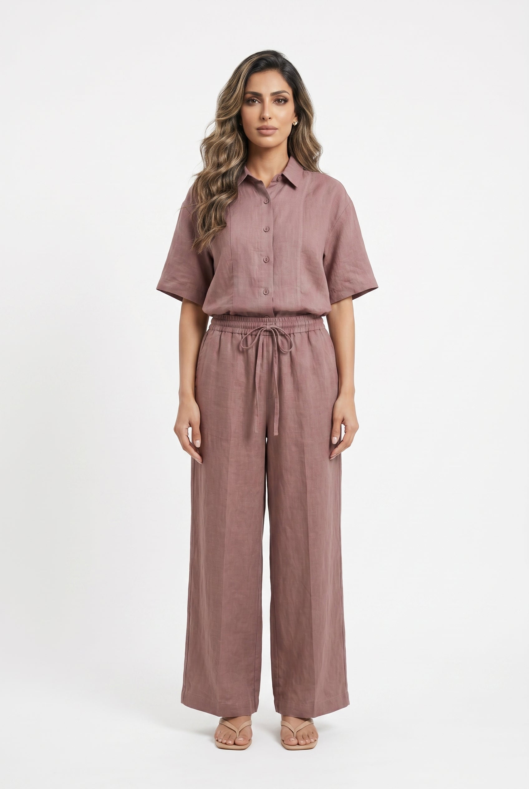 26S-1006/8010 Two Tone Linen Shirt and Pants - Brown Loft