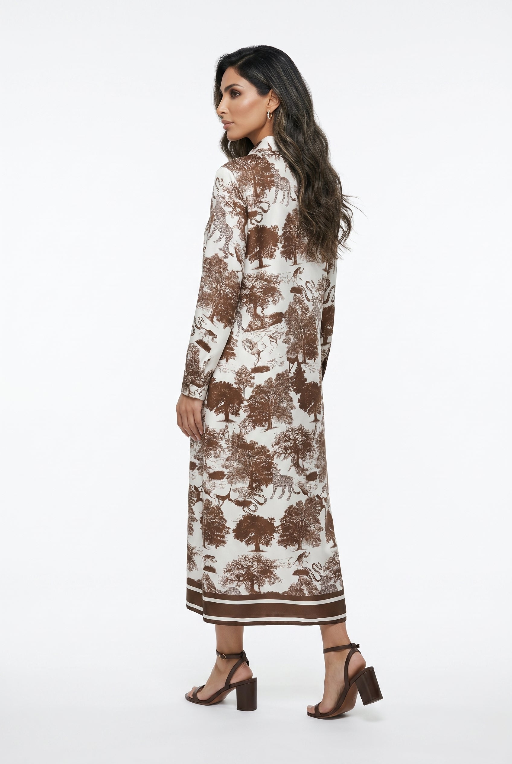 KD6255VS Dream Forest Safari Print Satin Long Dress - Brown Loft