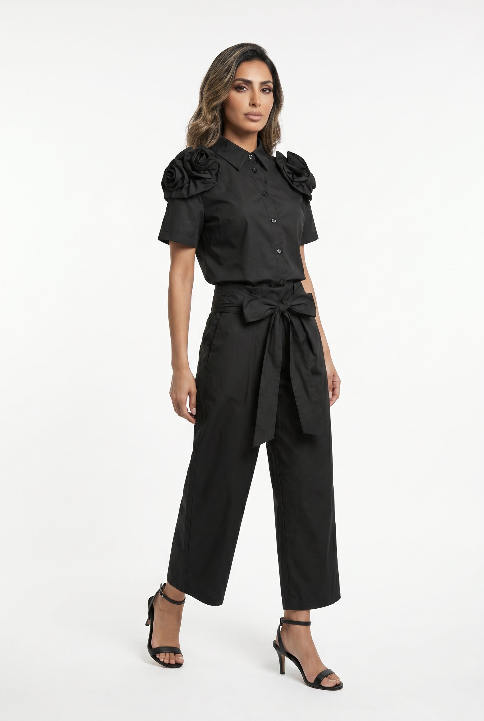 26SS-BK8015/8614 Classic Collared Shirt & High Waist Pants Set - Brown Loft