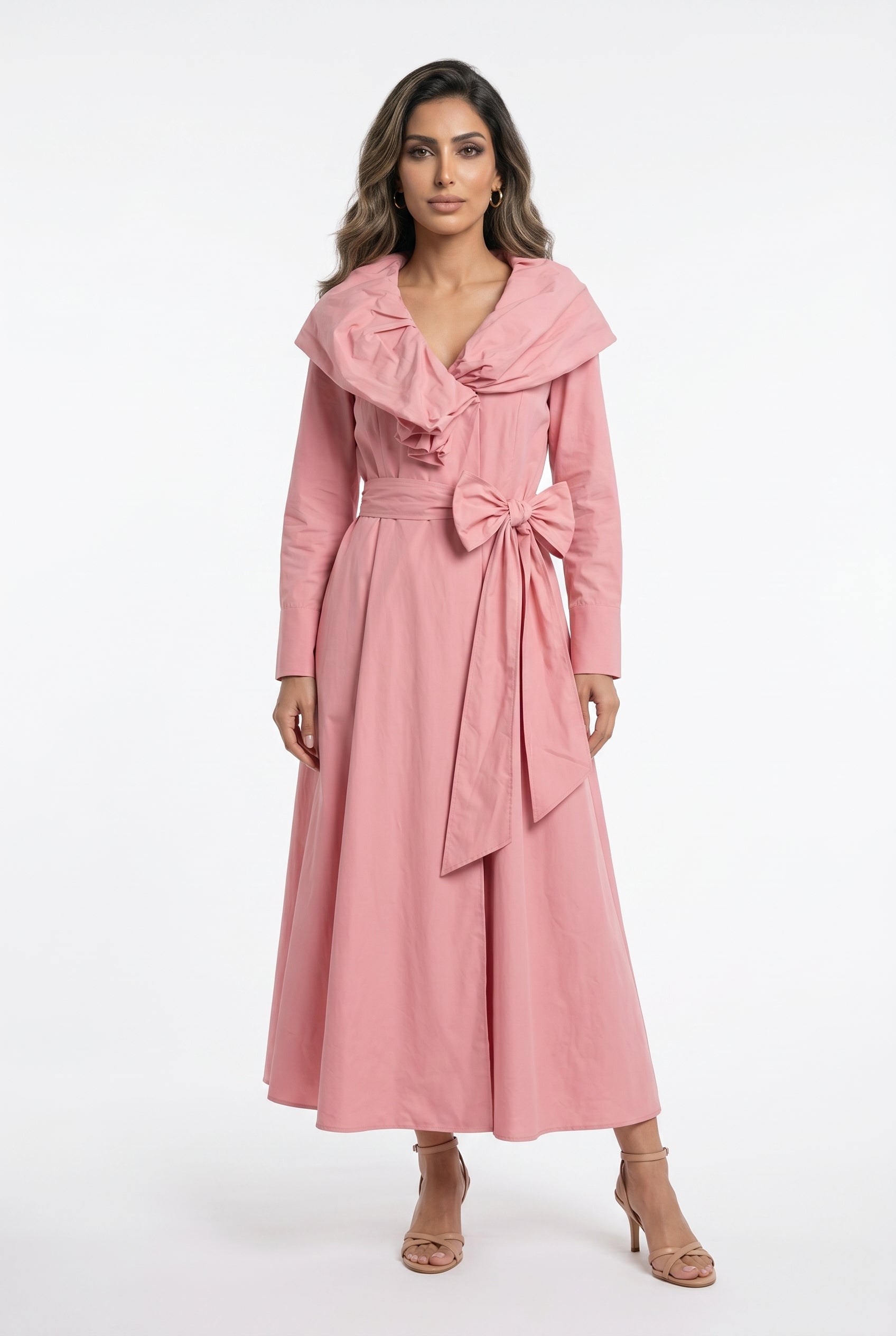26SS-BC6015 Sculptural Ruffle Collared Wrap Dress - Brown Loft